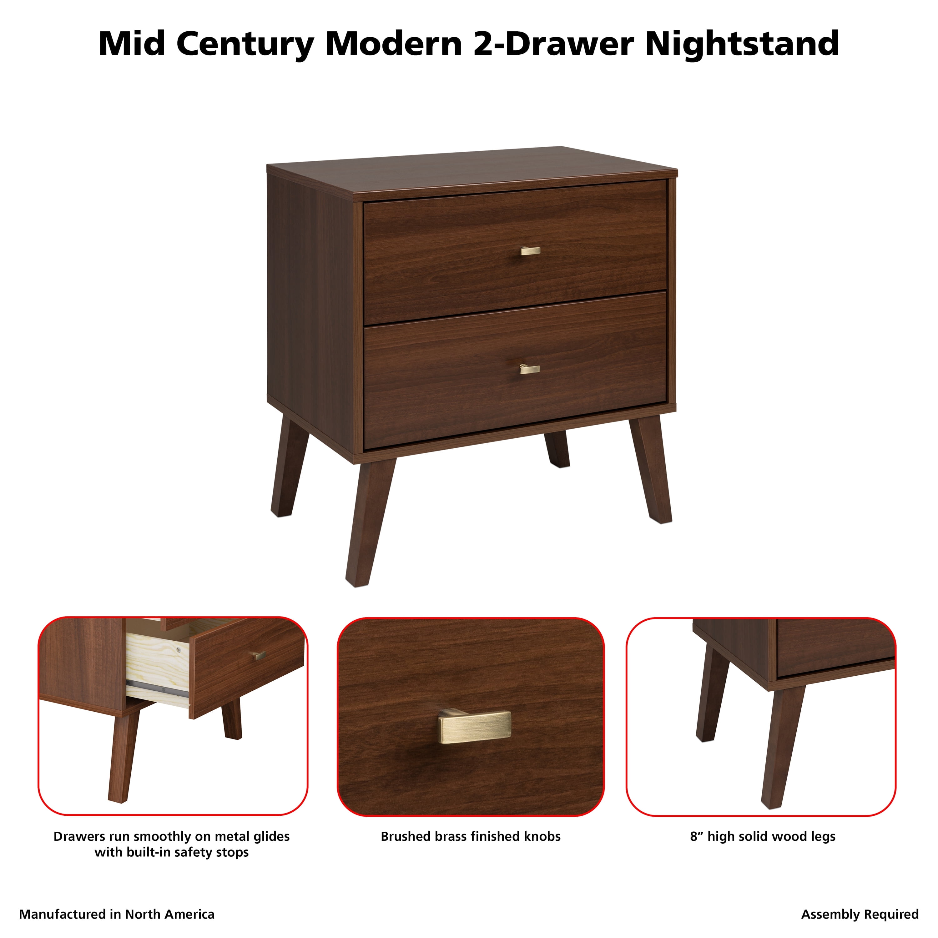 Prepac Milo Mid-Century Modern 2-Drawer Nightstand, 16"D x 25"W x 25"H, Cherry - Image 14
