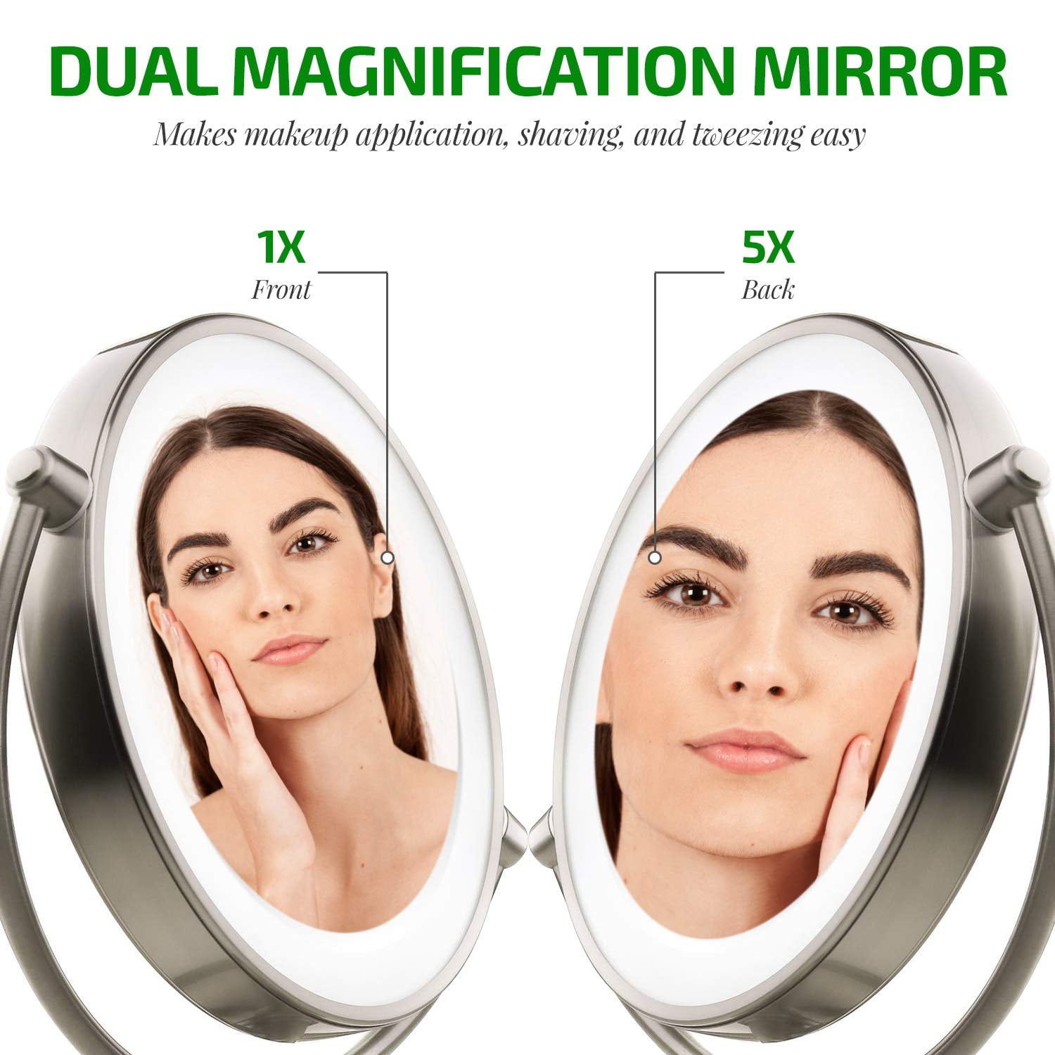 Ovente Lighted Makeup Mirror Tabletop 9.5 Inch 1X 5X Magnifier Dimmable 360 Degree Double Sided Spinning LED Acrylic Edge Battery USB Powered Vanity Skin Care Circle Large Nickel Brushed MGT95BR1X5X - Image 3