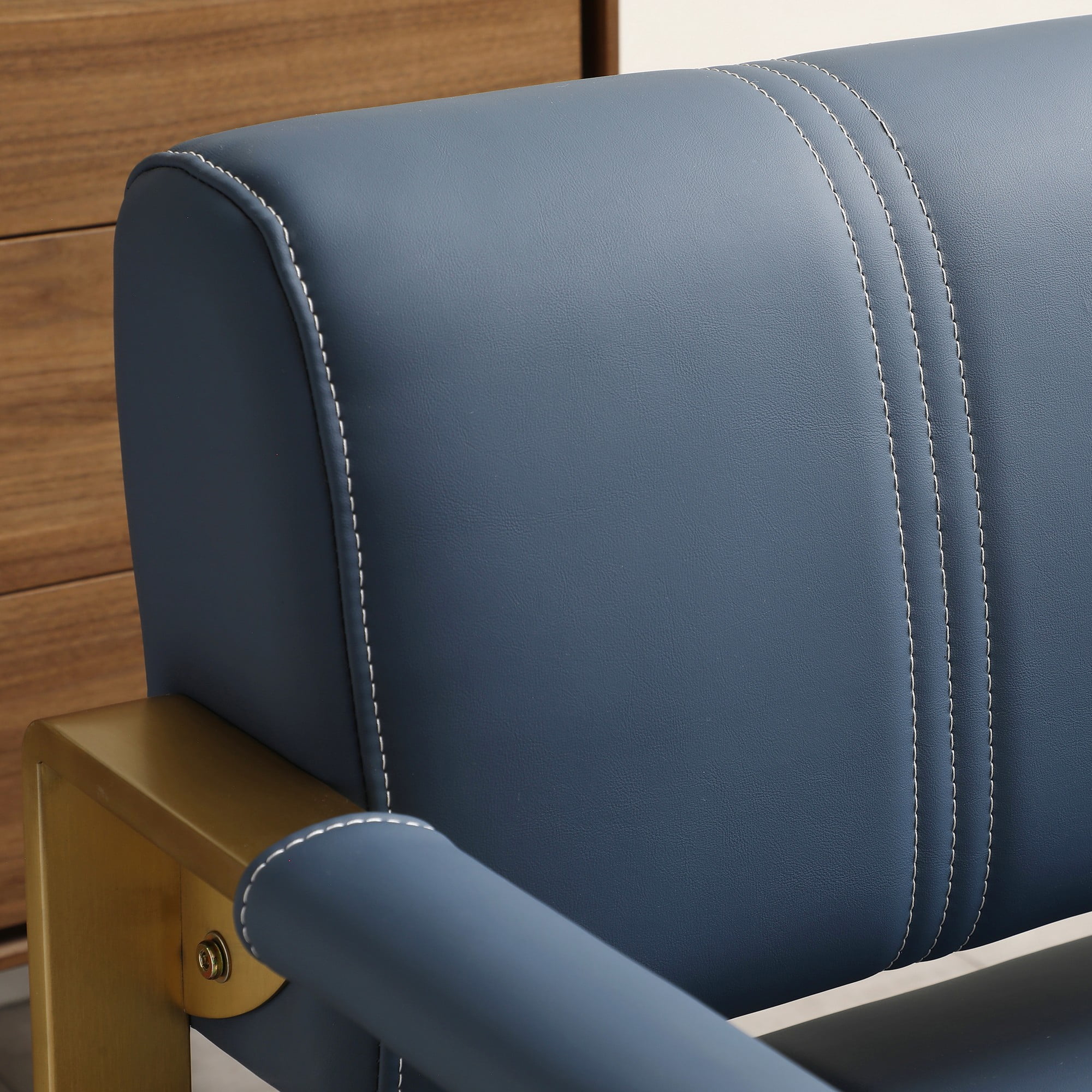 Aukfa 57.9" Modern 2-Seater Faux Leather Loveseat Sofa with Gold Metal Arms, Upholstered Small Couch for Living Room, Apartment, Office, Blue - Image 5