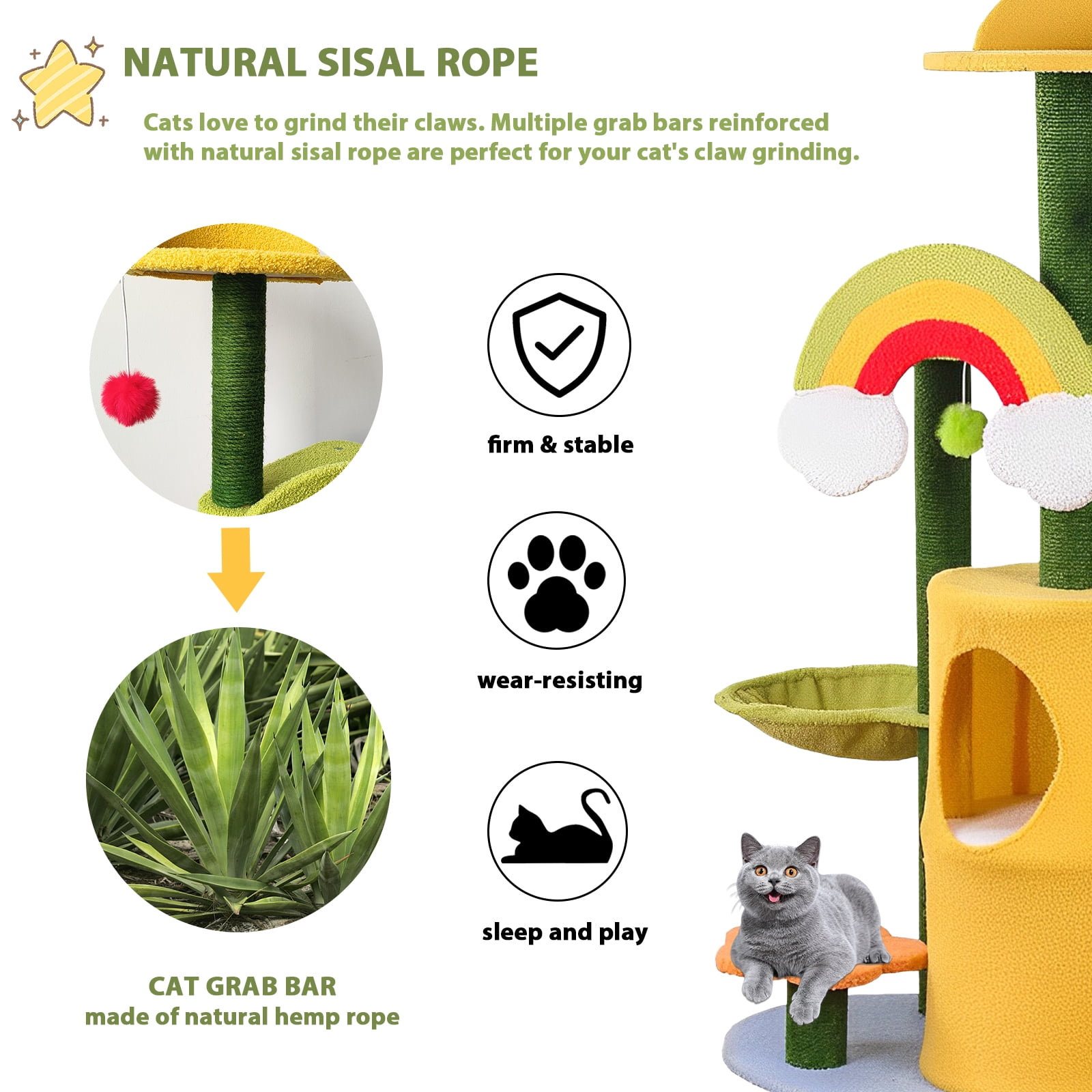 LitaiL 47"H Cat Tree with Scratching Posts, Rainbow Cat Tower with Double Cat Condos and Hanging Balls, Cat Furniture for Indoor Kittens - Image 7