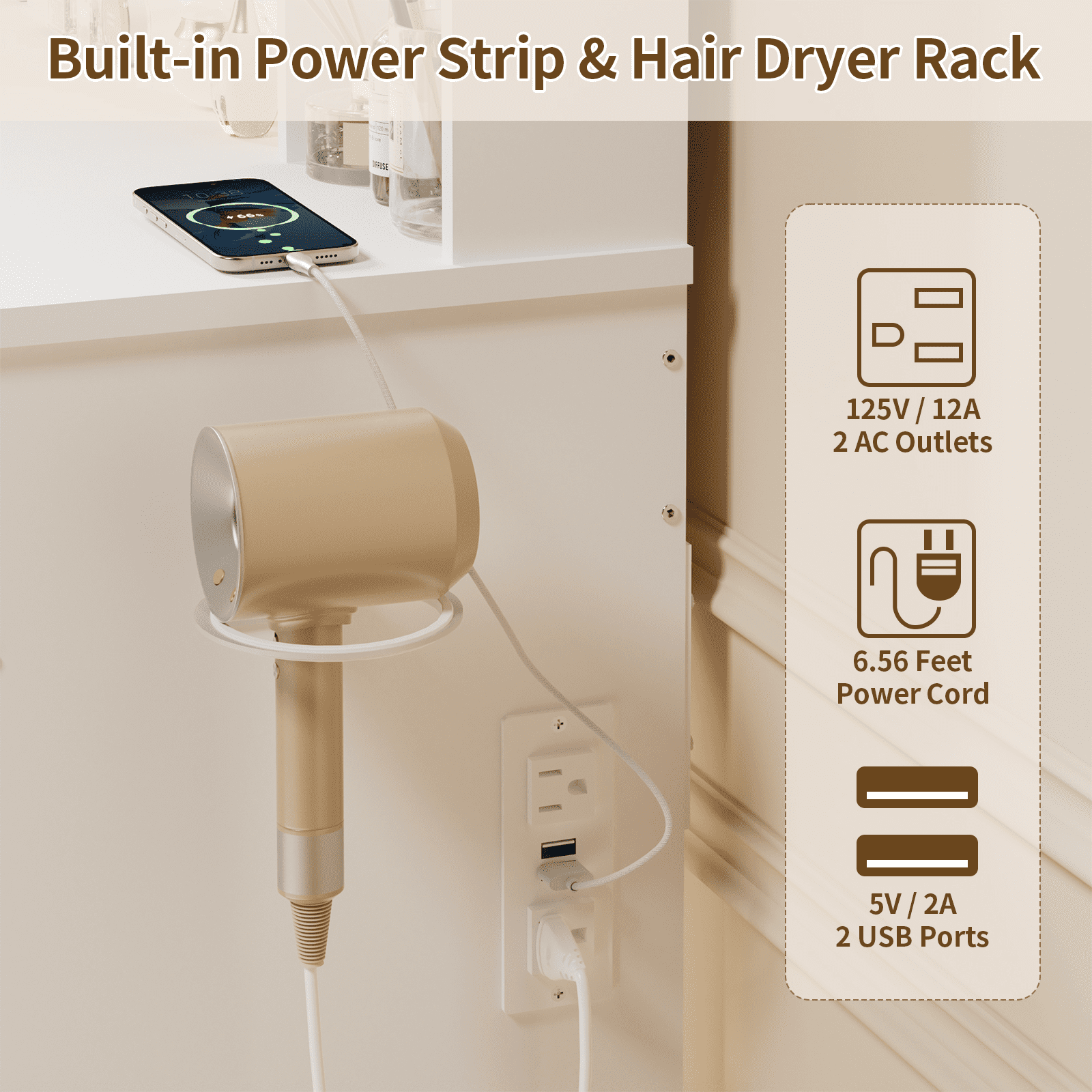 Hommpa Vanity Set with Mirror, Girls Makeup Vanity with LED Lights, White Vanity Desk with Drawers, Vanity Table with Charging Station for Women Bedroom Storage - Image 4