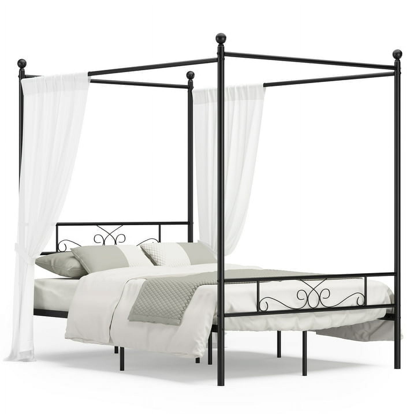 Yoneston Queen Canopy Platform Bed with Vintage Line Pattern Headboard & Footboard, Sturdy Metal Bed Frame for Apartment Hotel House, Black - Image 4