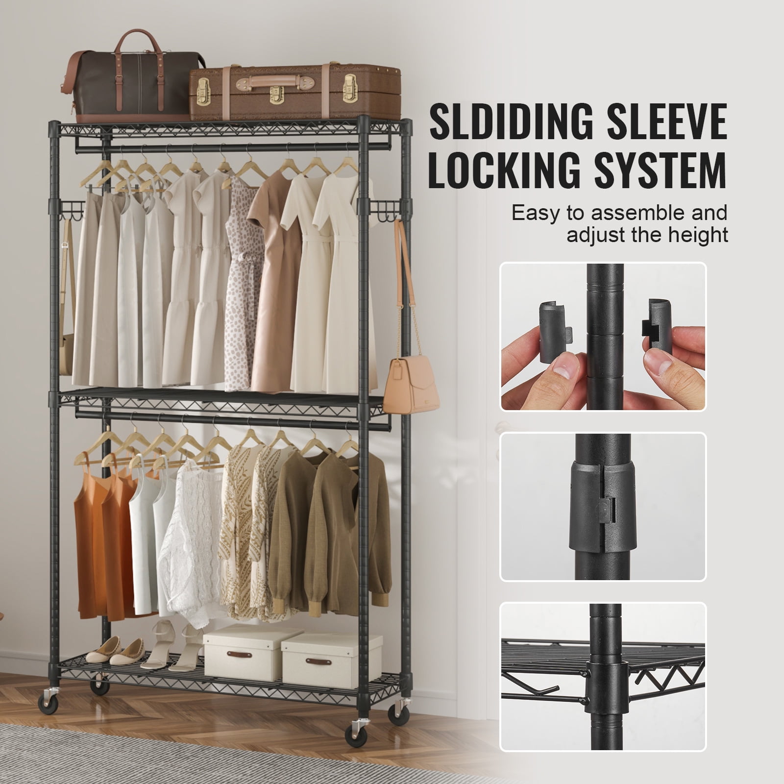 KFFKFF Clothes Rack 3 Tiers 400 lbs Rolling Free-Standing Clothing Garment Rack with 2 Rods Lockable Wheels and Side Hooks 45.7x17.7x80.3 in Black - Image 7