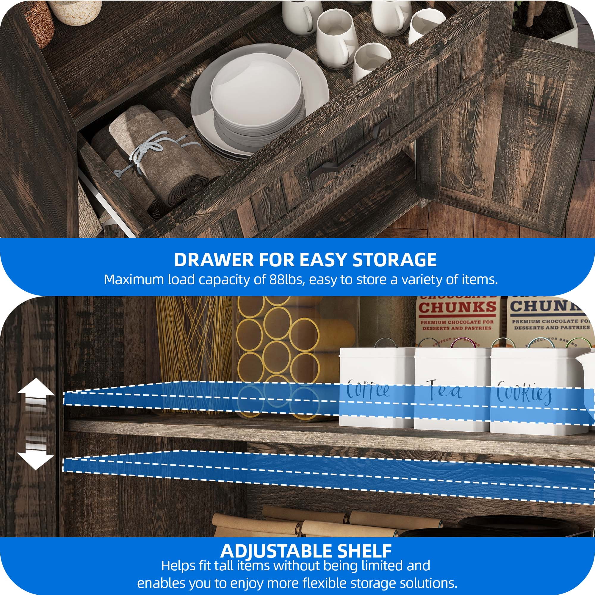 Dextrus Kitchen Pantry Cabinet with Doors and Drawer, Pantry Cabinet with Adjustable Shelves for Kitchen, Living Room, Dining Room, Dark Oak - Image 4