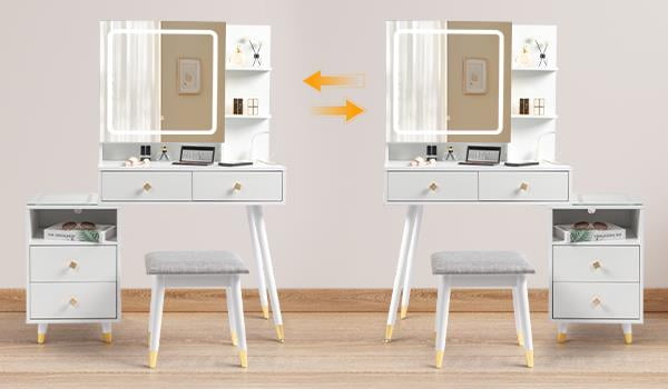 Ktaxon 3 Color Lighted Vanity Table Set, Makeup Table with LED Nightstand, Dressing Table with USB Charging Station, Women, Female Bedroom, White - Image 2