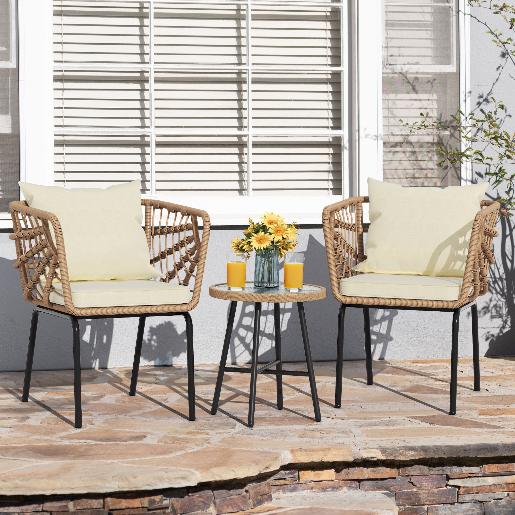 Dextrus 3-Piece Outdoor Patio Furniture Wicker Bistro Set, With 2 Chairs and Coffee Table,Cushions and Lumbar Pillows-Beige - Image 2