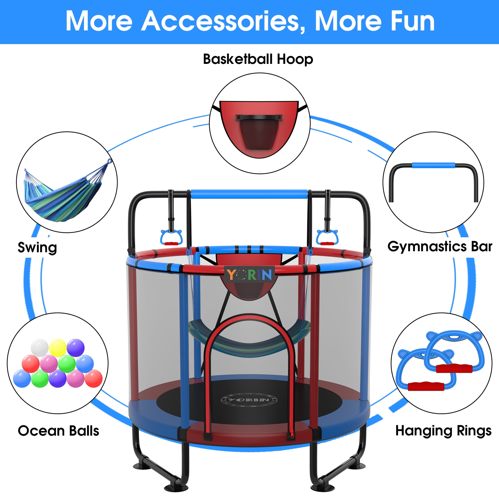 YORIN Trampoline for Kids, 60" 55" 66" Toddler Mini Trampoline with Enclosure Net, Basketball Hoop, 5FT Indoor/Outdoor Kids Trampoline with Swing, Adjustable Gymnastics Bars, Gifts for Kids, 600LBS - Image 7