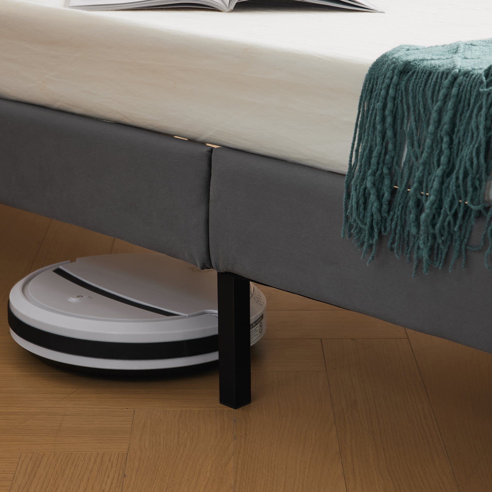 Zimtown Full Size Platform Bed Frame with 2 Drawers, Fabric Upholstered Headboard, No Box Spring Needed, Gray - Image 2