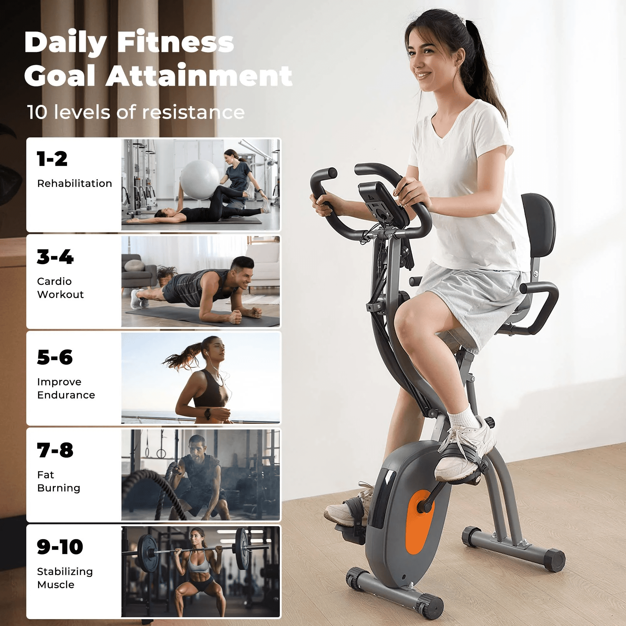 Naipo Folding Exercise Bike 4 in 1 Magnetic Stationary Recumbent Bike 10 Level Resistance for Home Use with Arm Resistance Bands - Image 8
