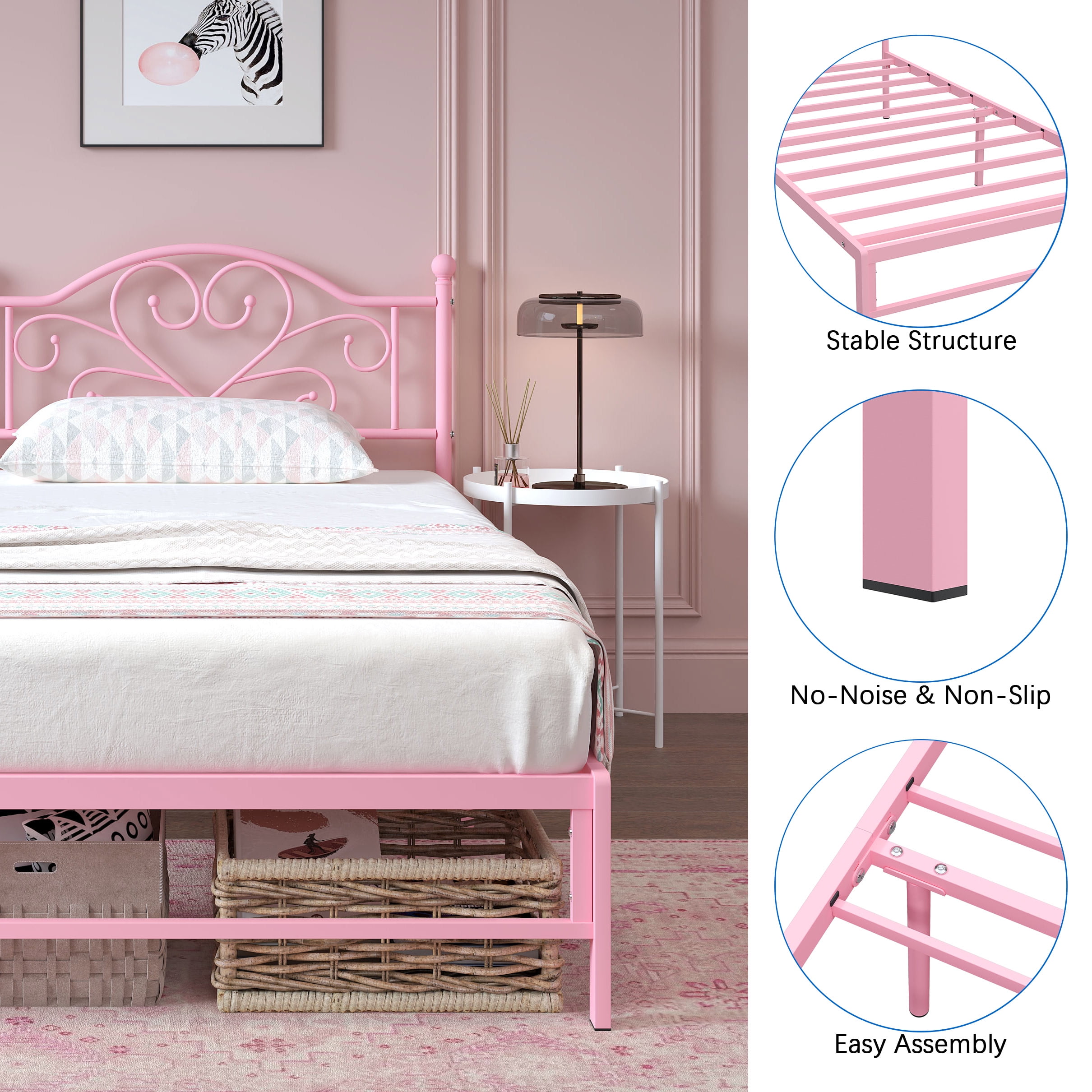 Yoneston Twin Metal Platform Bed Frame with Victorian Style Flower Heart Headboard, Heavy Duty Steel Slat Mattress Foundation for Kids Boys Girls, Pink - Image 12