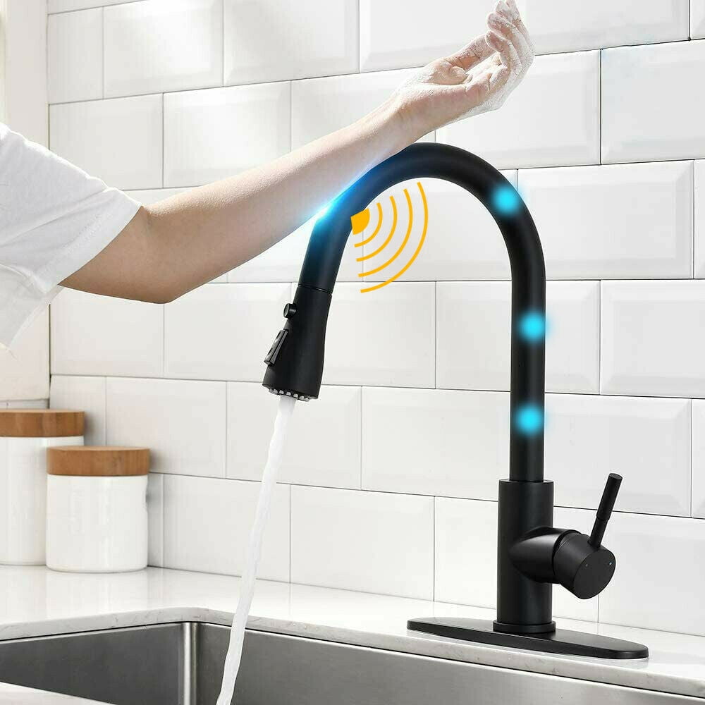 Zovajonia Matte Black Touch On Kitchen Sink Faucet Pull Down Sprayer Swivel Tap W/Plate - Image 9