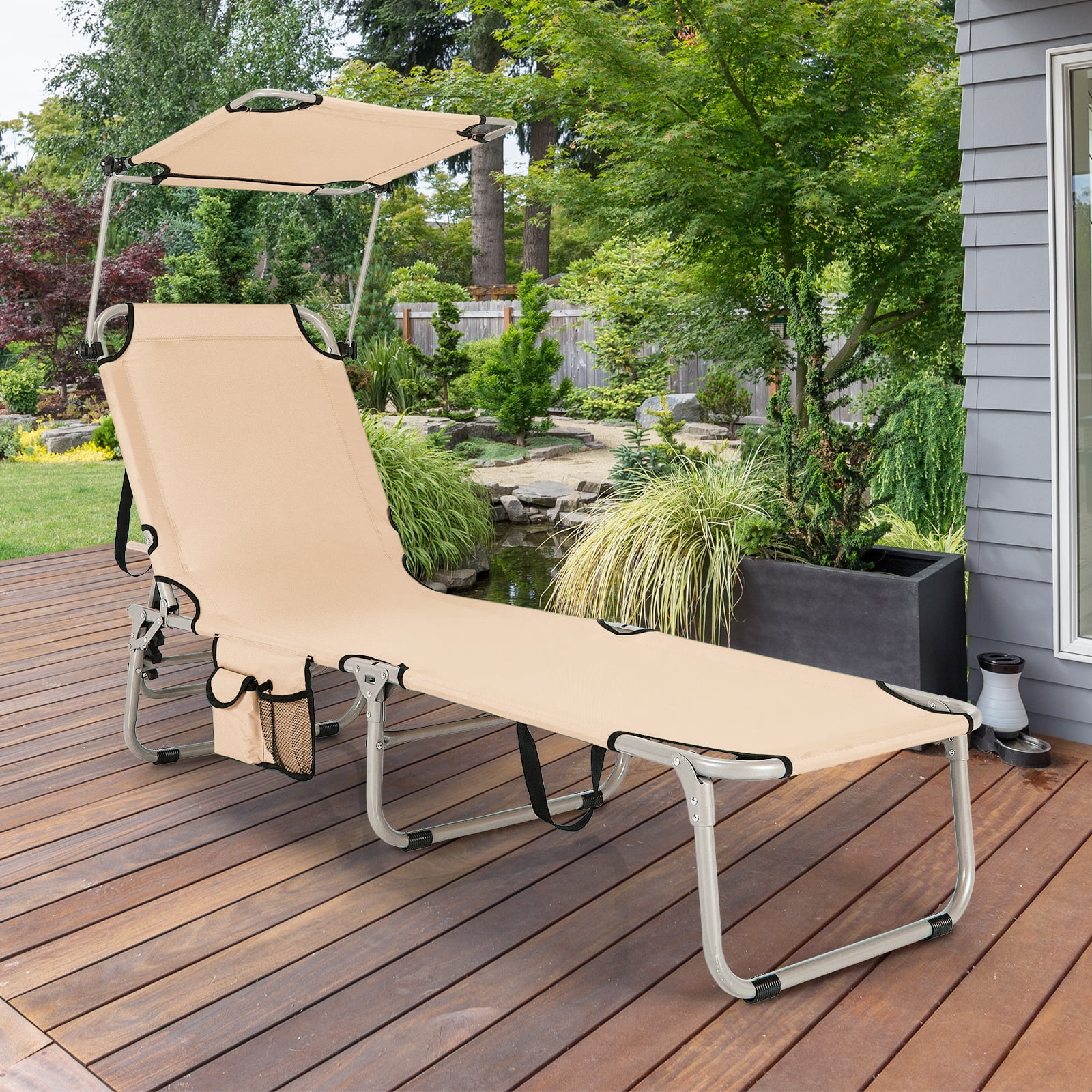Gymax Foldable Lounge Chair Adjustable Outdoor Beach Patio Pool Recliner Beige W/ Sun Shade - Image 7