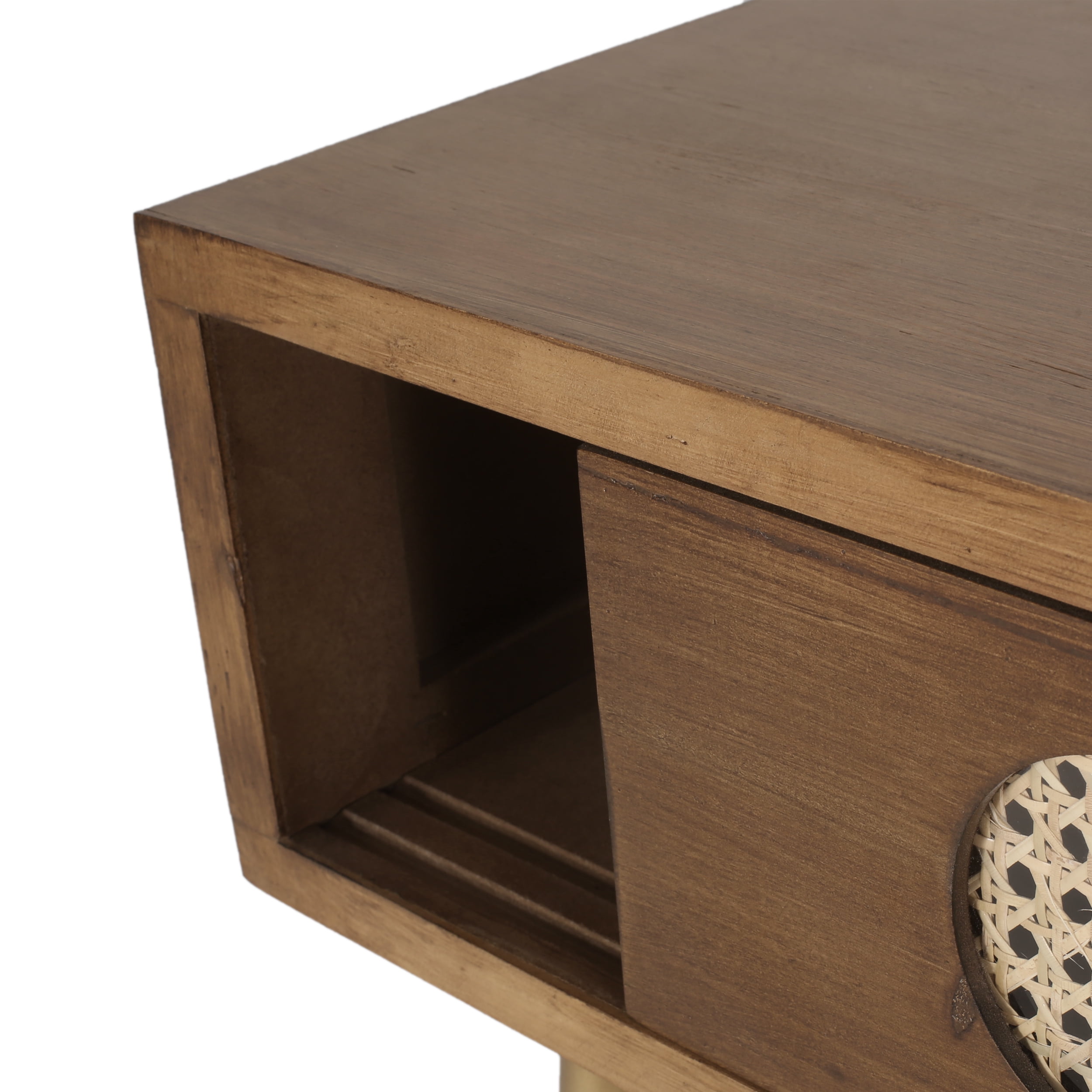 Noble House Pilster Glam Wood and Wicker Console Table, Walnut, Natural, and Antique Gold - Image 7