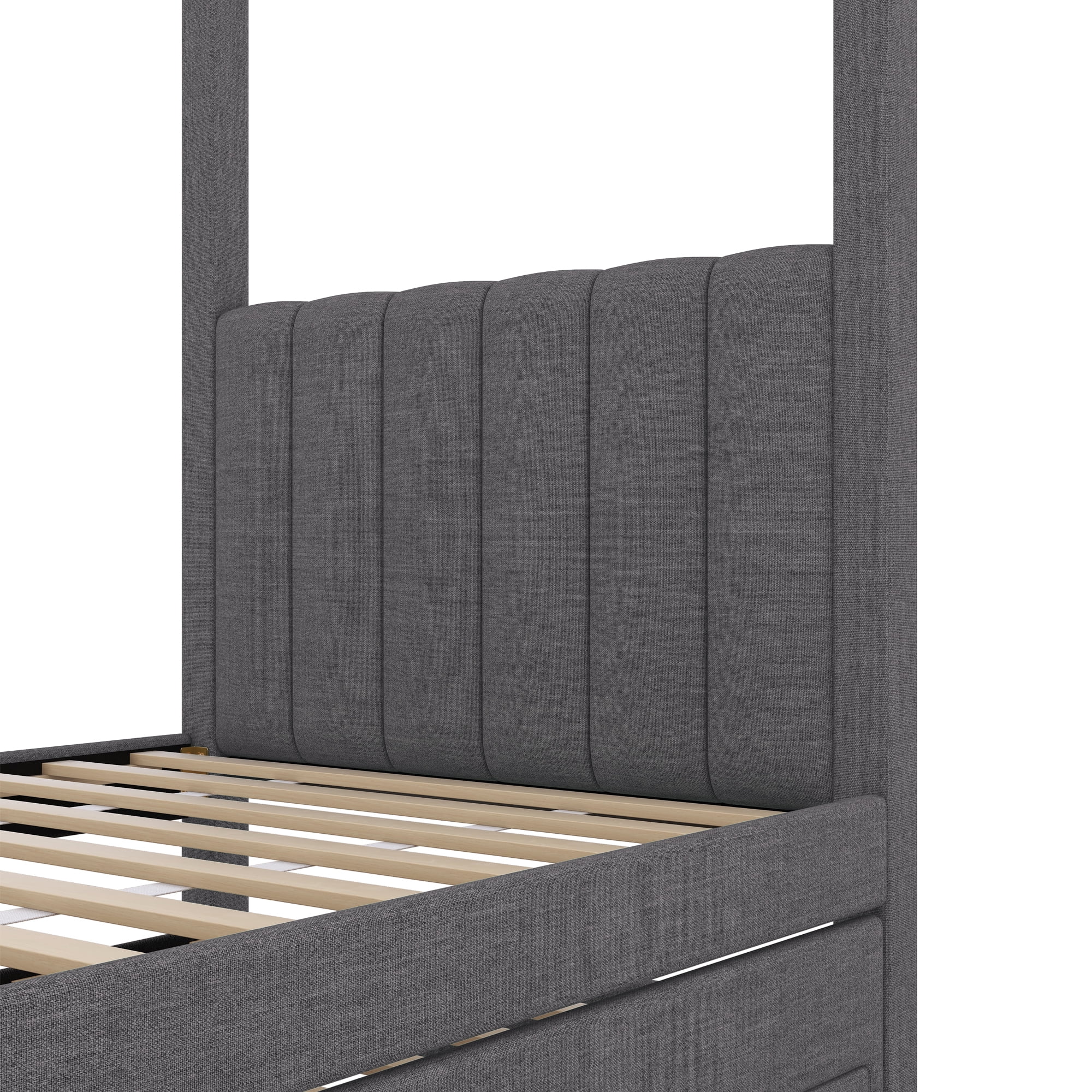 EUROCO Upholstered Twin Size Canopy Bed Frame with Trundle Bed and 3 Drawers, Platform Bed with Headboard for Kids Teens Adults, Gray - Image 2