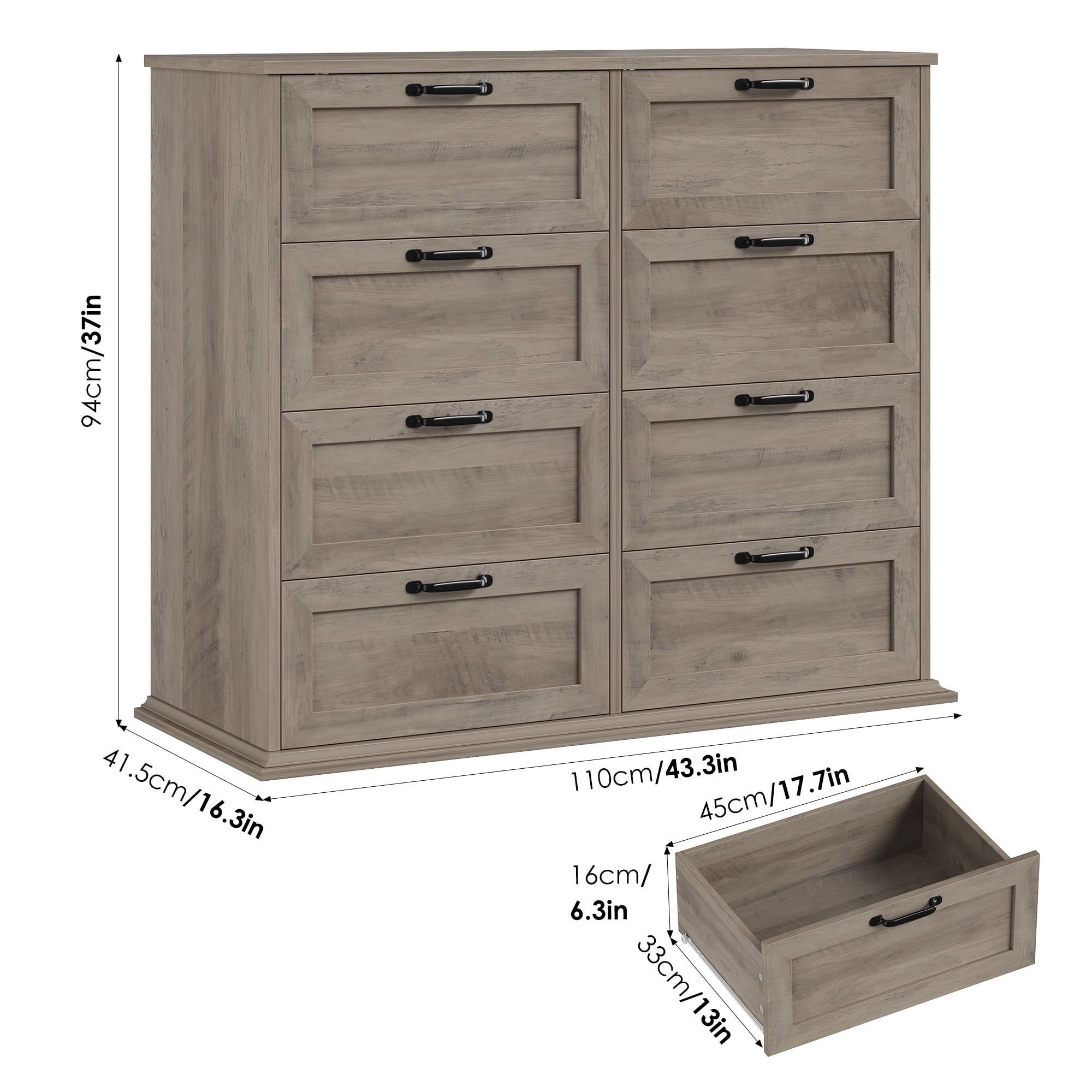 Homfa Horizontal 8 Drawer Dresser, Wood Storage Cabinet Double Dresser for Bedroom Living Room, Gray - Image 2