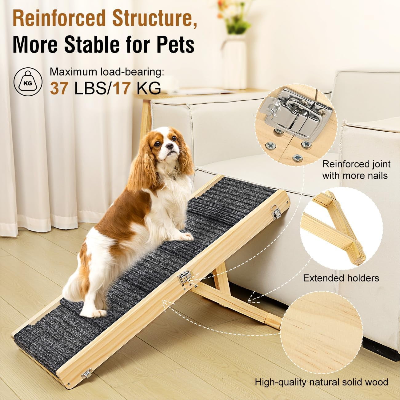 Pawaboo Foldable Dog Ramp for Couch, Portable Wooden Pet Ramp, 4 Adjustable Height from 7.9" to 17.7", Stable Pet Steps Fit for Small Medium Dogs Cat with Non-Slip Mat, Use for Car Couch Bed Stairs - Image 7