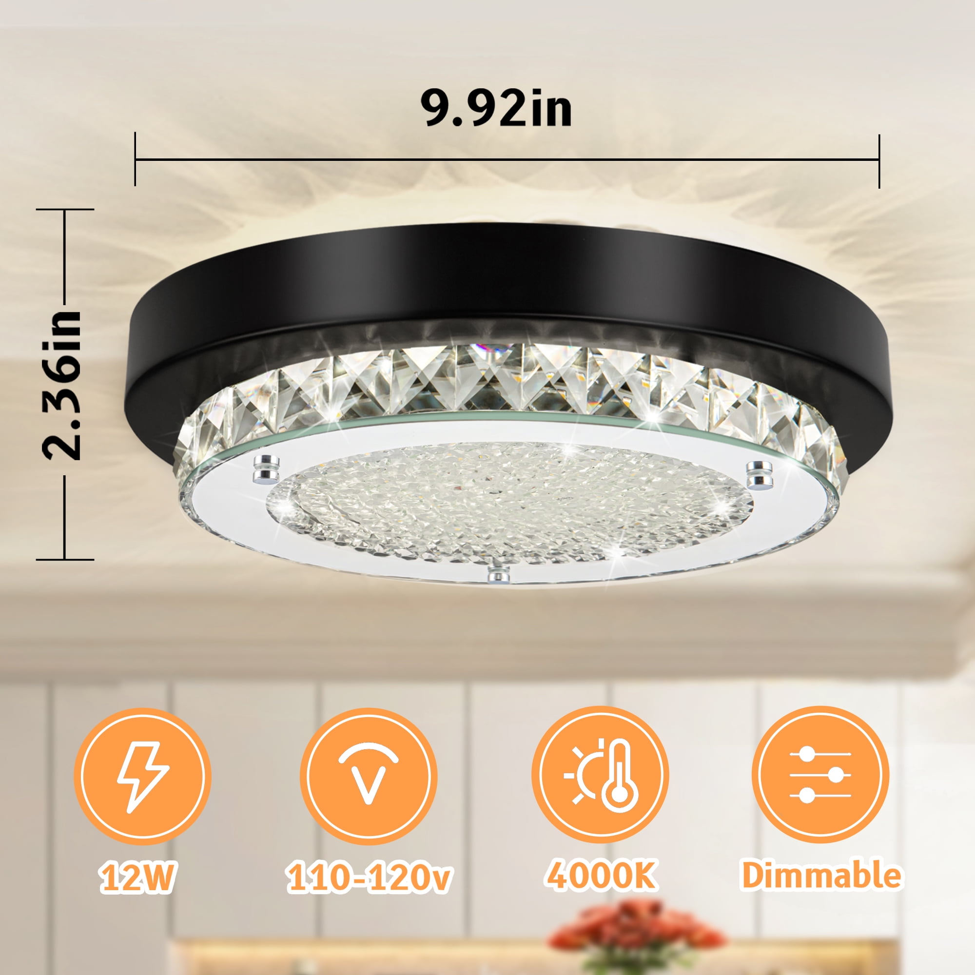 Uznhty Black Ceiling Light Fixture 9.8 Inch Crystal Ceiling Light LED Kitchen Lighting Fixtures Ceiling for Hallway Laundry Room 4000K Dimmable 12W - Image 11
