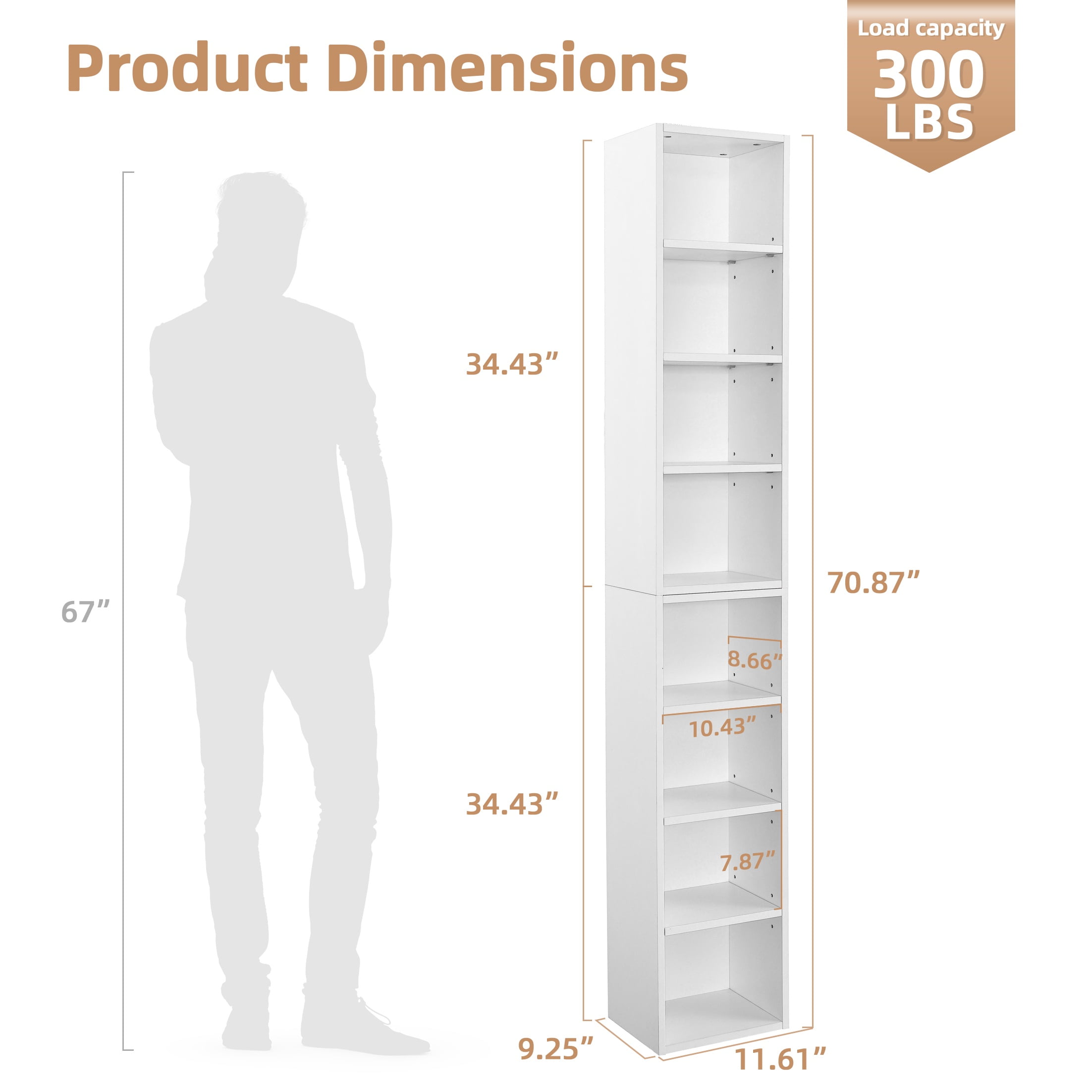 PORKISS 8-Tier White Bookshelf, Wood Open Display Bookshelf with Adjustable Shelves, Tall Narrow Bookcase with Slim Storage, Modern Book Display Shelf Media Tower Rack for Living Room, Home Office - Image 7