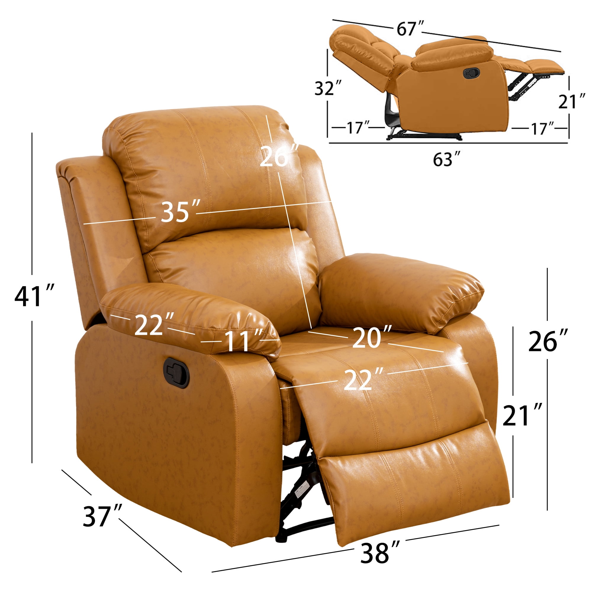 Aukfa Leather Recliner Chair, 38" Overstuffed Armchair Living Room Read Chair for Adults, Ginger - Image 10