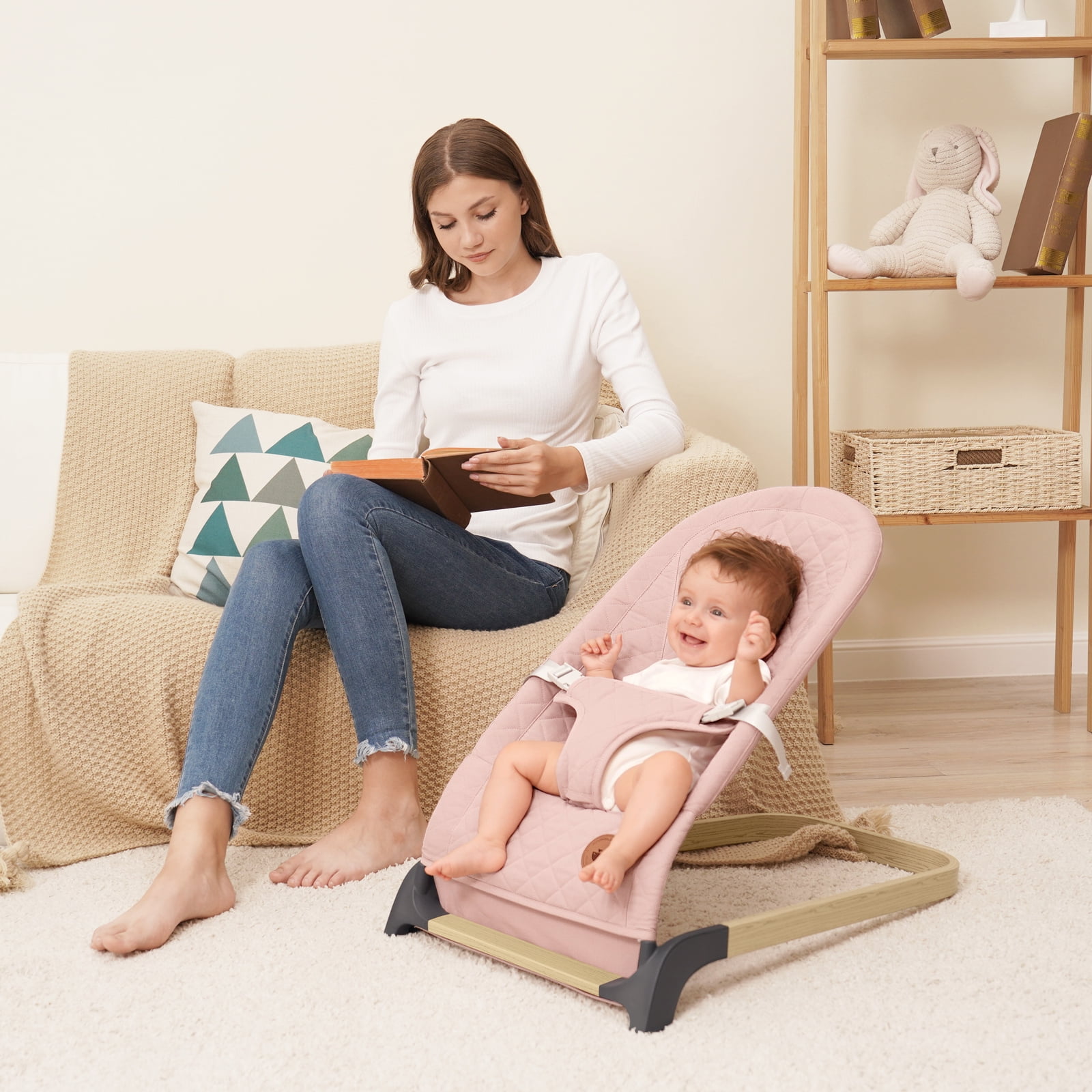 ANGELBLISS Baby Bouncer, Portable Bouncer Seat for Babies, Infants Bouncy Seat with Mesh Fabric, Natural Vibrations (Pink)(0-9month) - Image 4