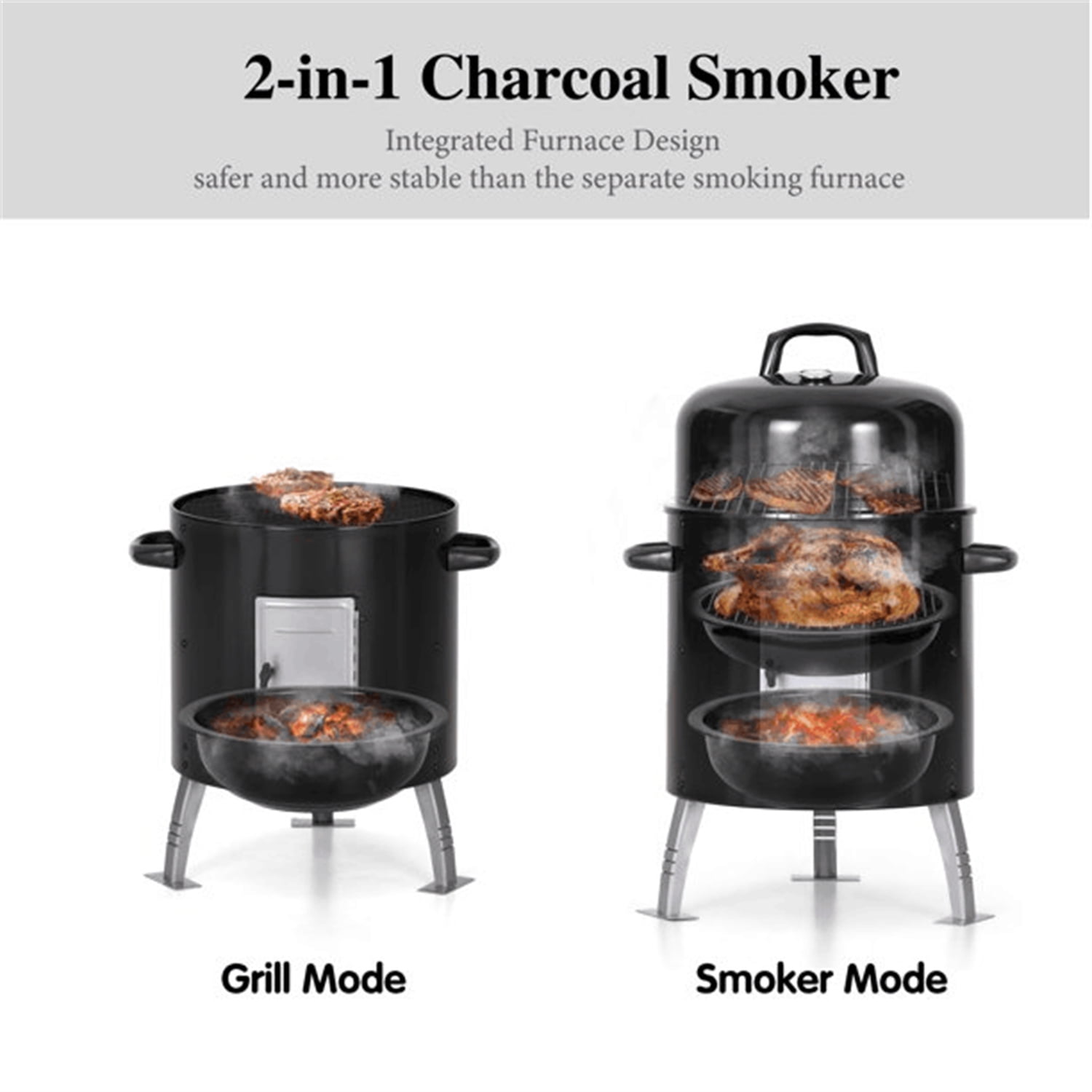 Summit Living 17-inch Vertical Charcoal Smoker Grills 2 in 1 BBQ Grill & Smoker, Black - Image 2