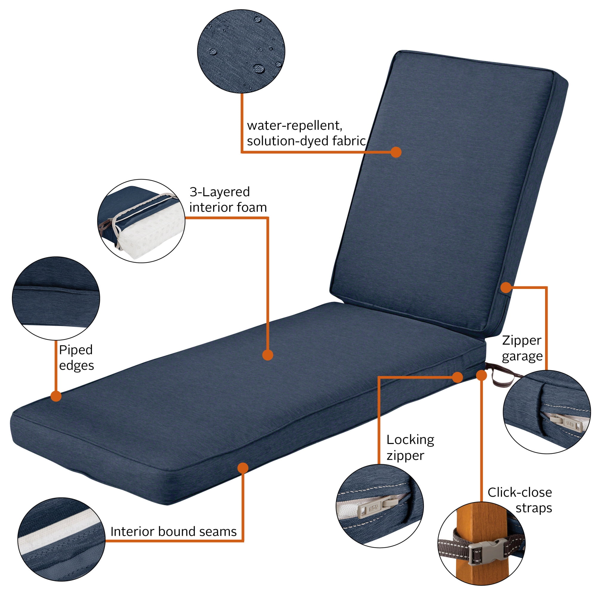 Classic Accessories Montlake Weatherproof Outdoor Chaise Lounge Cushion, Heather Indigo - Image 9