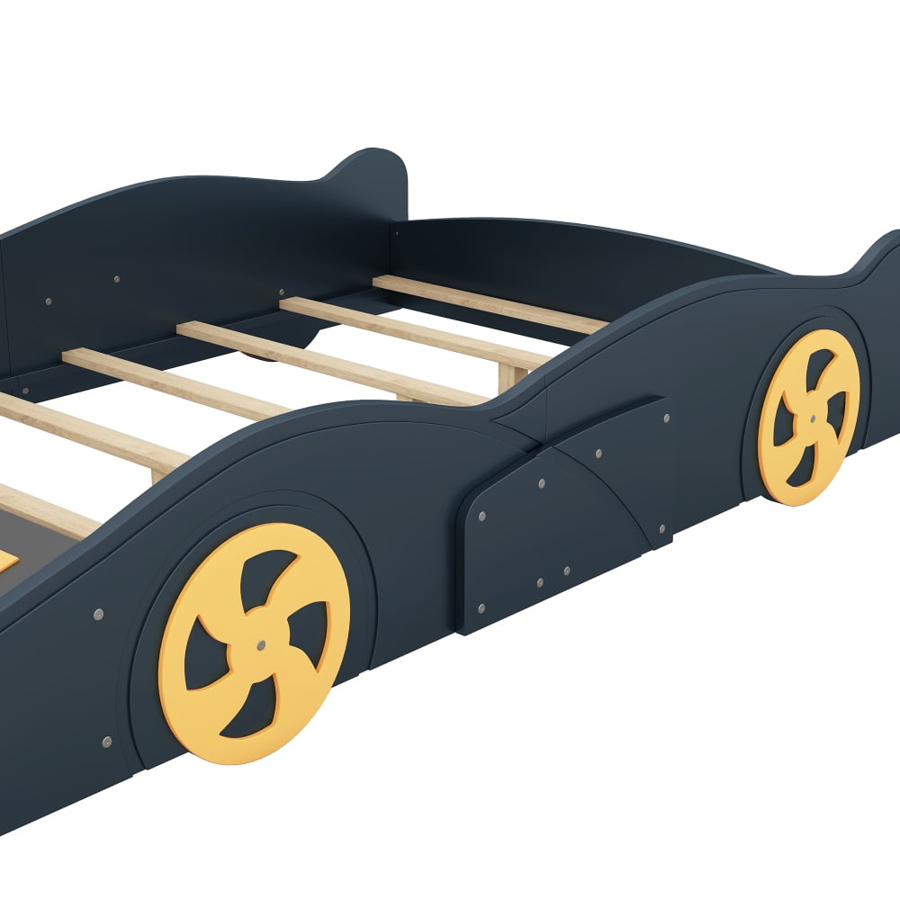 Full Size Modern Race Car-Shaped Platform Bed with Wheels and Storage, Solid Wood Platform Bed Frame with Sturdy Slat Support for Kids, Boys, Girls(Dark Blue) - Image 2