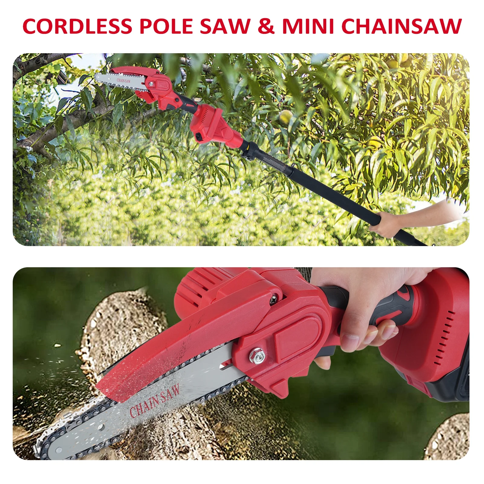 CACAGOO 20V 6inch/8inch Cordless Pole Saw Height Adjustable Electric Chainsaw with 2 batteries for Wood Cutting, Trimming - Image 3