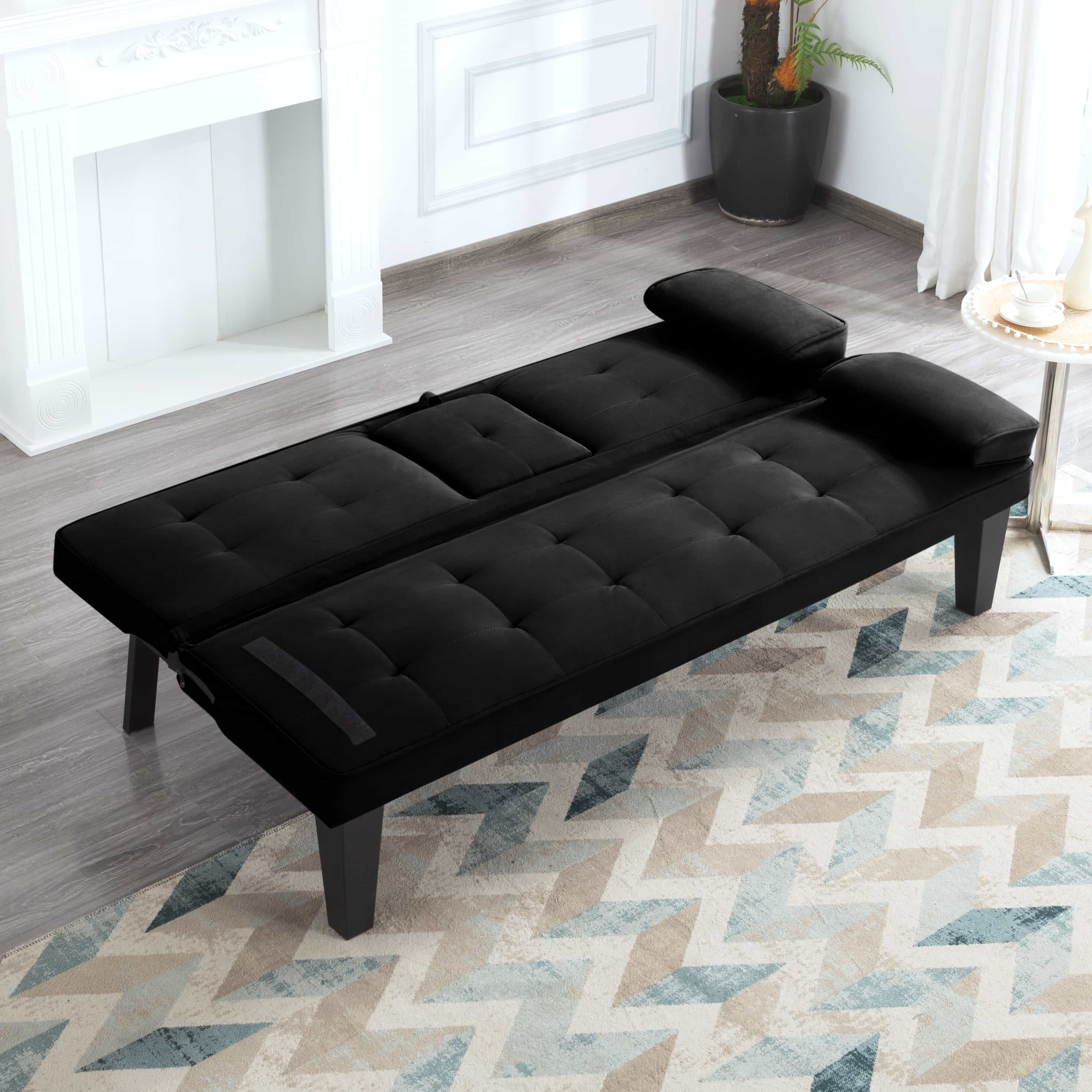 BSHTI Twin Size Futon Sleeper Sofa Bed,Velvet Upholstery,3 Angles for Adjusting Backrest,with 2 Cup Holders,Removable Arm,Convertible Sleeper Sofa(Black) - Image 2