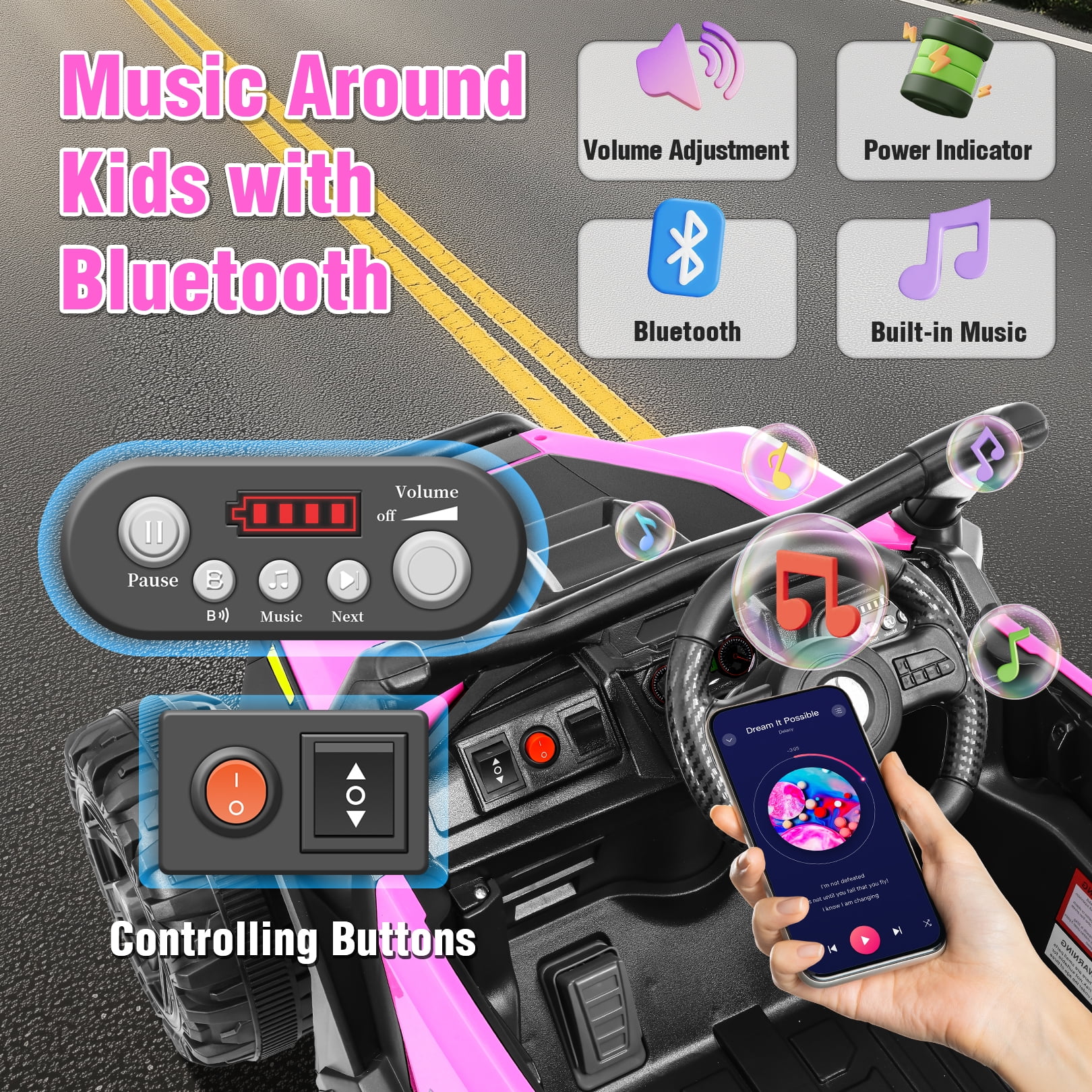 Funcid 12V Ride on Toys with Remote Control, Single Seater Ride on Cars, 200W Electric Car for Kids w/ Bluetooth, Knob Volume Control, Battery Indicator, MP3, Spring Suspension, Pink - Image 6