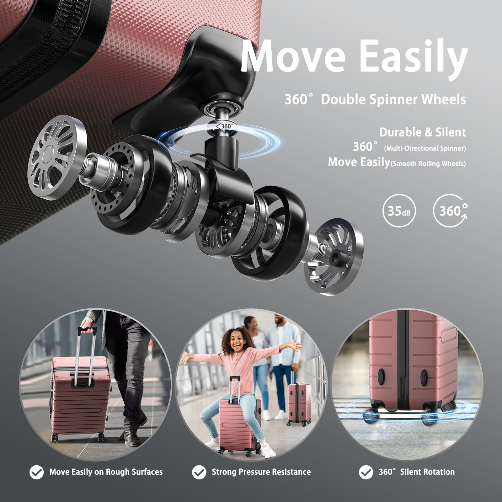 SUGIFT 3 Piece Luggage Set, Hardside Luggage Spinner Wheels Suitcase Carry on Luggage, TSA Lock, 20in24in28in, Rose Gold - Image 9