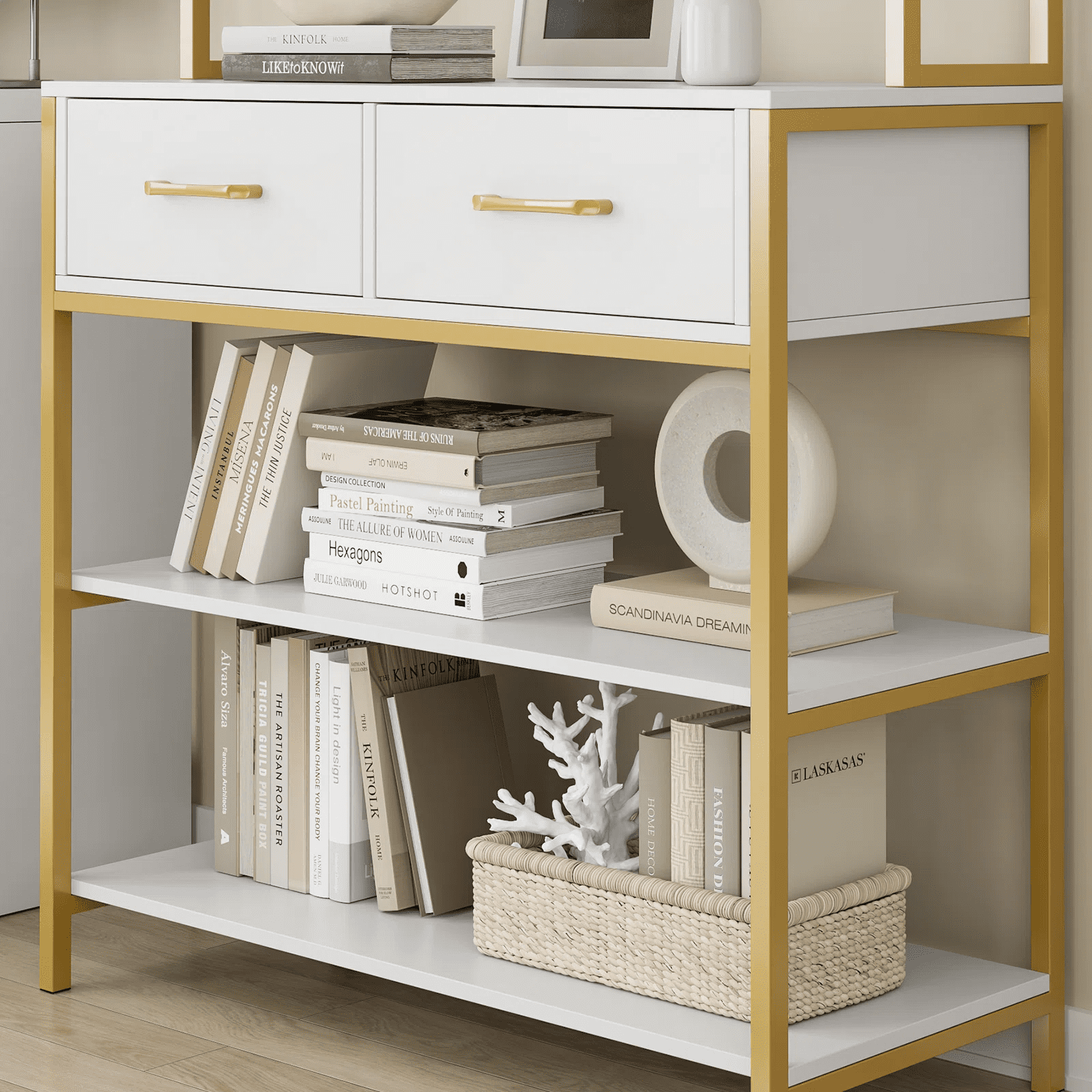 Homfa Gold Ladder Shelf with 2 Drawer, 5 Tier White Standard Bookcase for Homfa Office, Backer Racks for Kitchen - Image 5