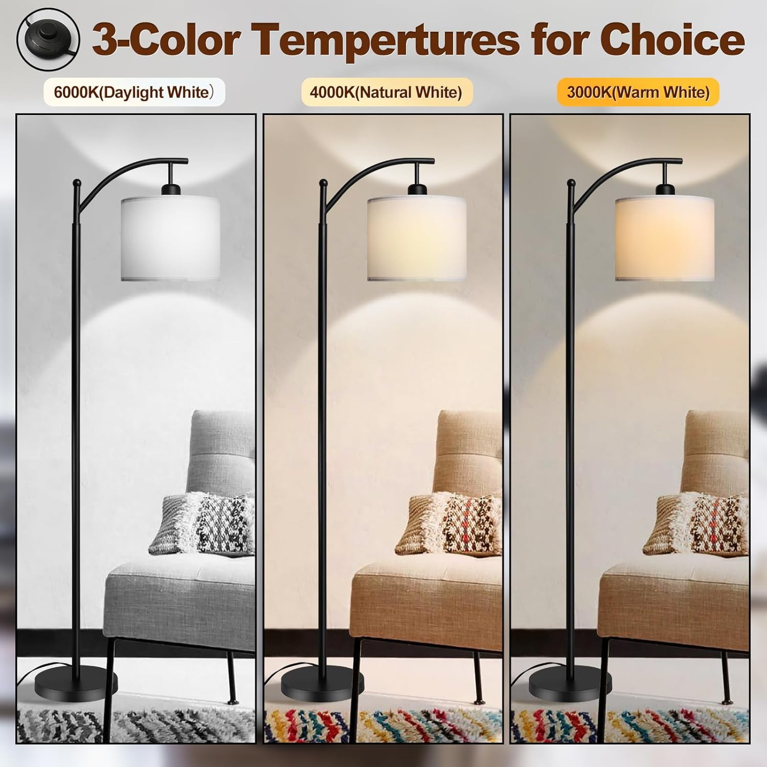 DingLiLighting Arc Floor Lamp Standing Tall Pole Lamp Reading for Living Room, Bedroom, 3 Color Changing, Matte Black with White Lampshade (Bulb included) - Image 4