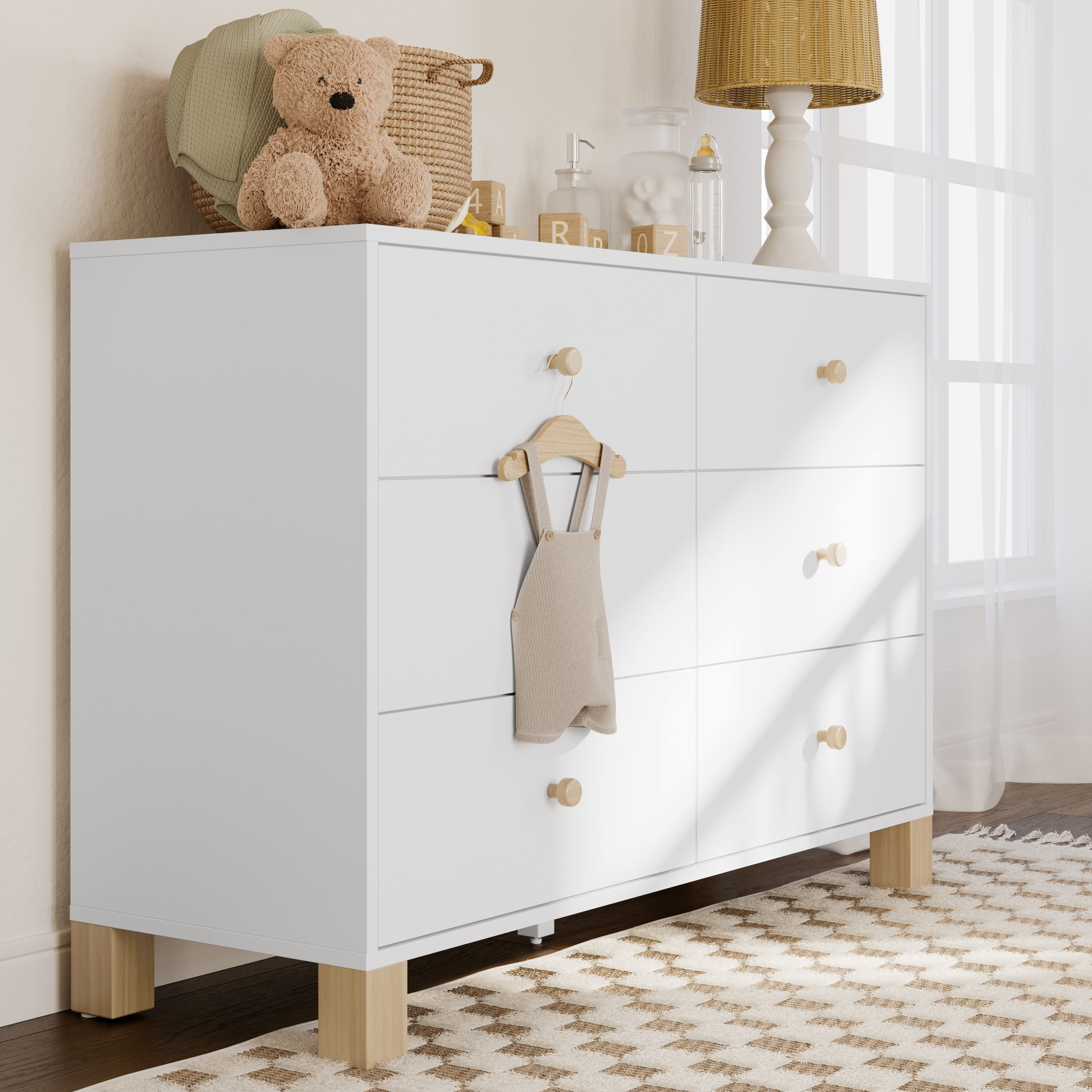Storkcraft California 6 Drawer Nursery Wood Double Dresser, White with Driftwood - Image 6