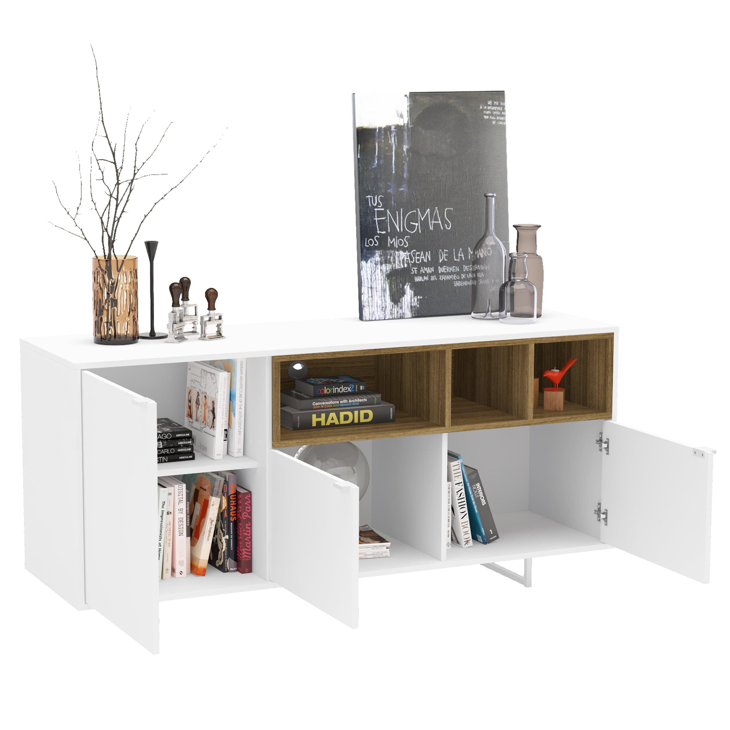 Polifurniture Honolulu TV Stand with 3 Open Shelves for TVs up to 65, White & Walnut - Image 10