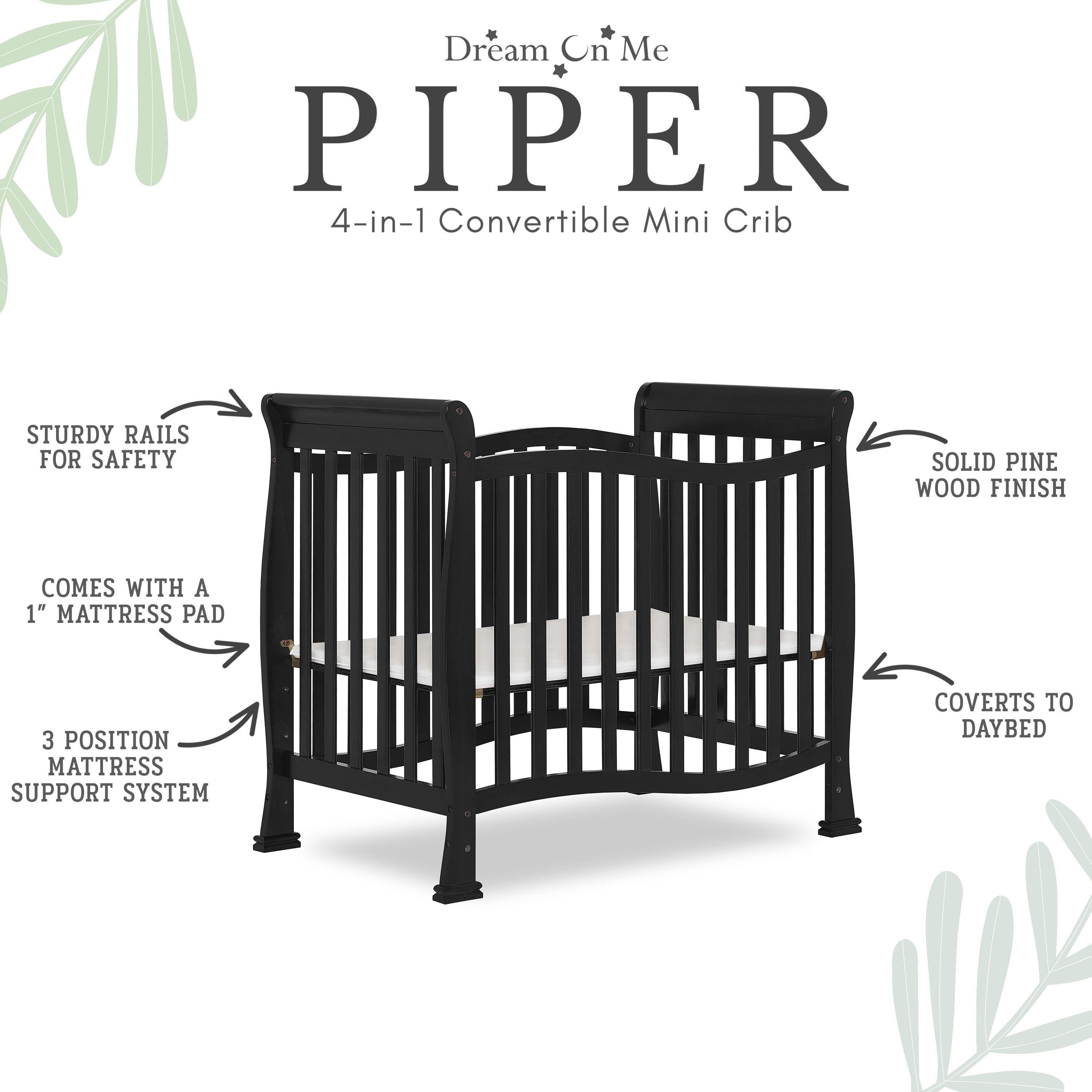 Dream On Me Piper 4-in-1 Convertible Mini Crib, Black - Image 5