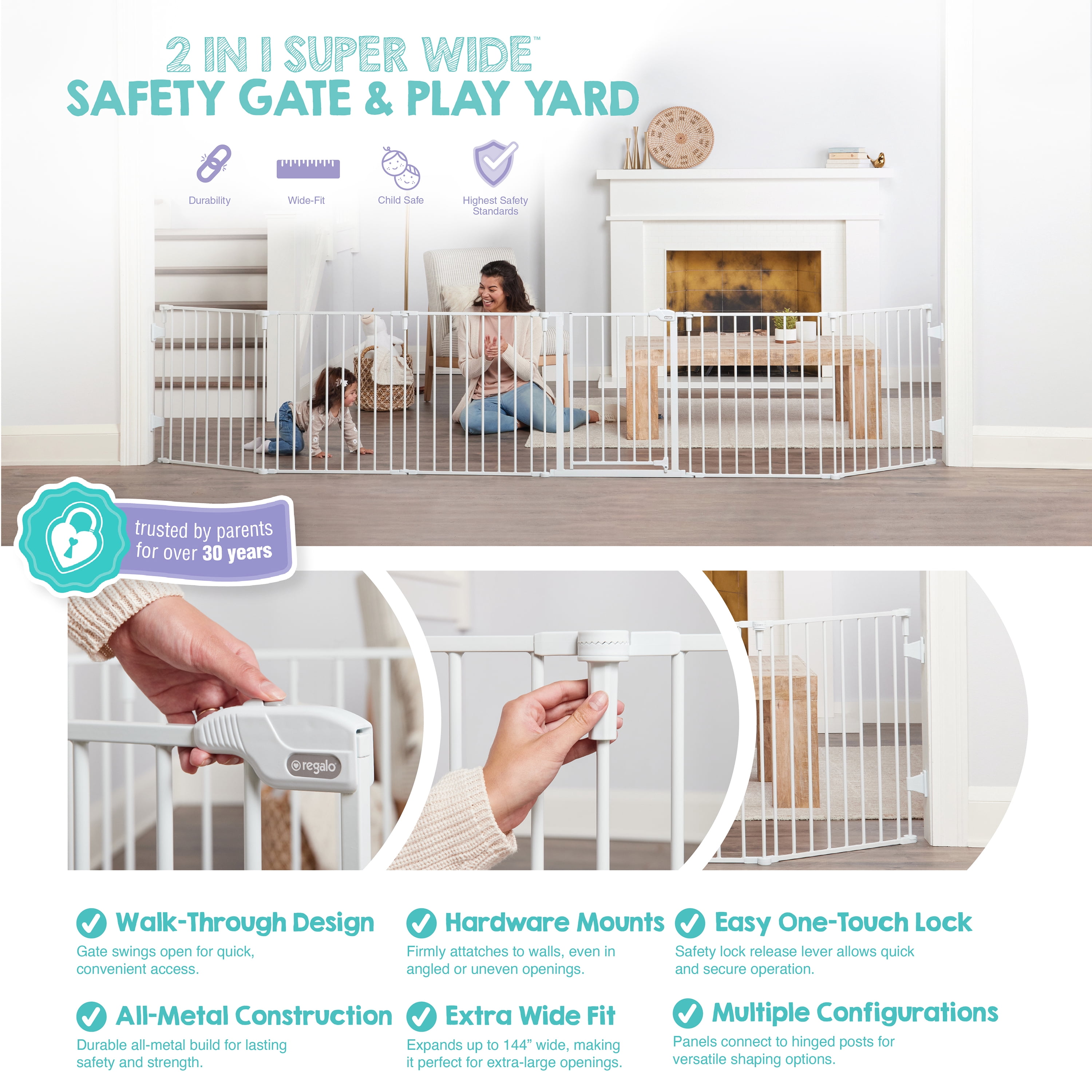 Regalo Super Wide Baby Gate and Play Yard, 56-144 in, White, Ages 6-24 Months - Image 6