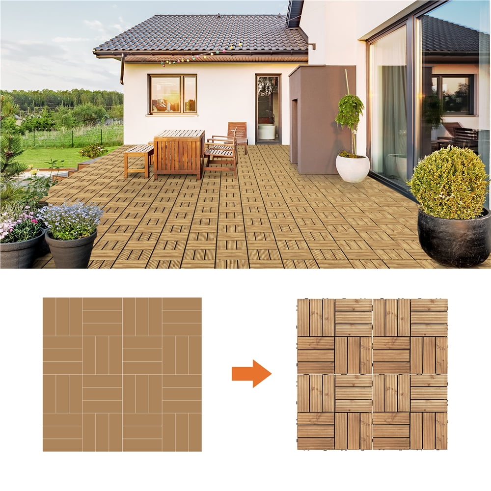 Renwick Fir Wood Outdoor Interlocking Flooring Tiles for Balcony Patio Garden, 12" x 12", Natural Wood, Pack of 27 - Image 9