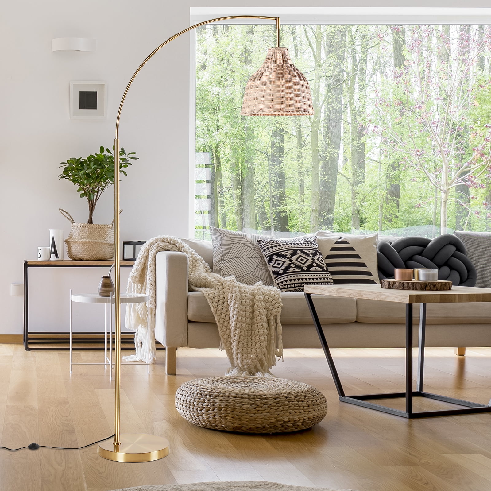 SUNMORY 72 inch Arched Rattan Floor Lamp, Fabric Retro Boho Farmhouse Rustic Standing Lamp for Living Room, Bedroom, Office, 9W & Foot Switch & 3 Color Temperature, Gold - Image 7