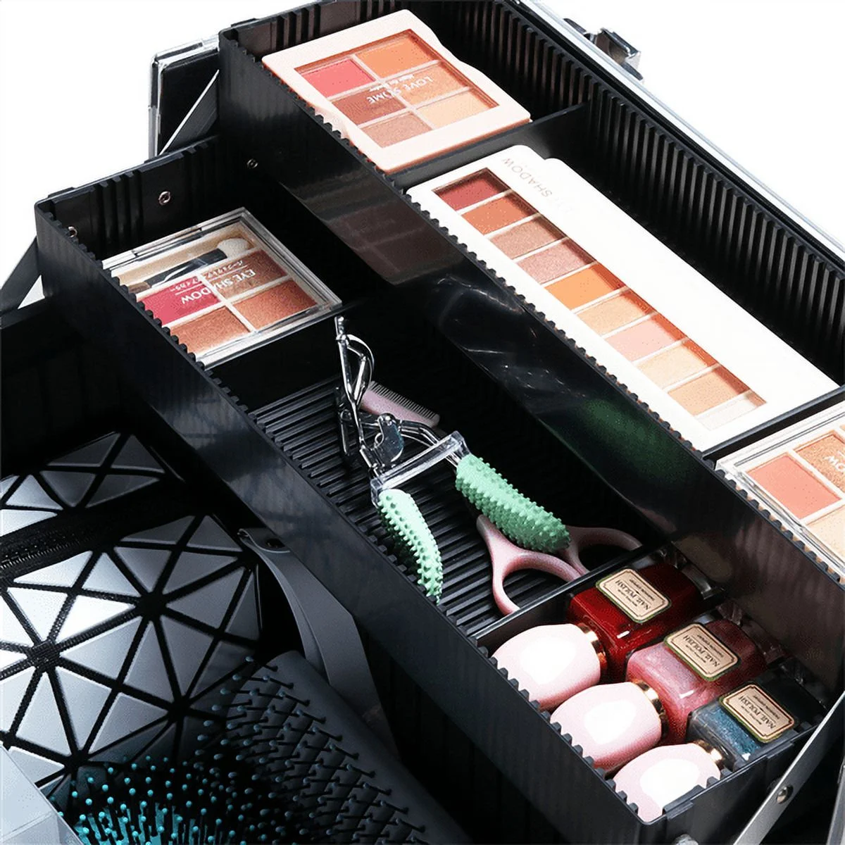 4 360-degreed Wheels 3-in-1 Professional Aluminum Artist Rolling Trolley Makeup Train Case Cosmetic Organizer Makeup Case for Beauty Chains W/shoulder Straps (Black) - Image 5