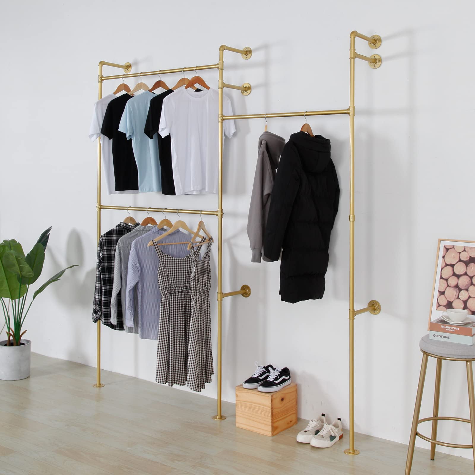SSS Furniture Modern Simple Industrial Pipe Double Hanging Rods Clothing Rack, Clothes Rack Wall Mounted Heavy Duty Hanging Clothes Rack, Detachable Garment Bar 93.3X82.7inch (Gold) - Image 4