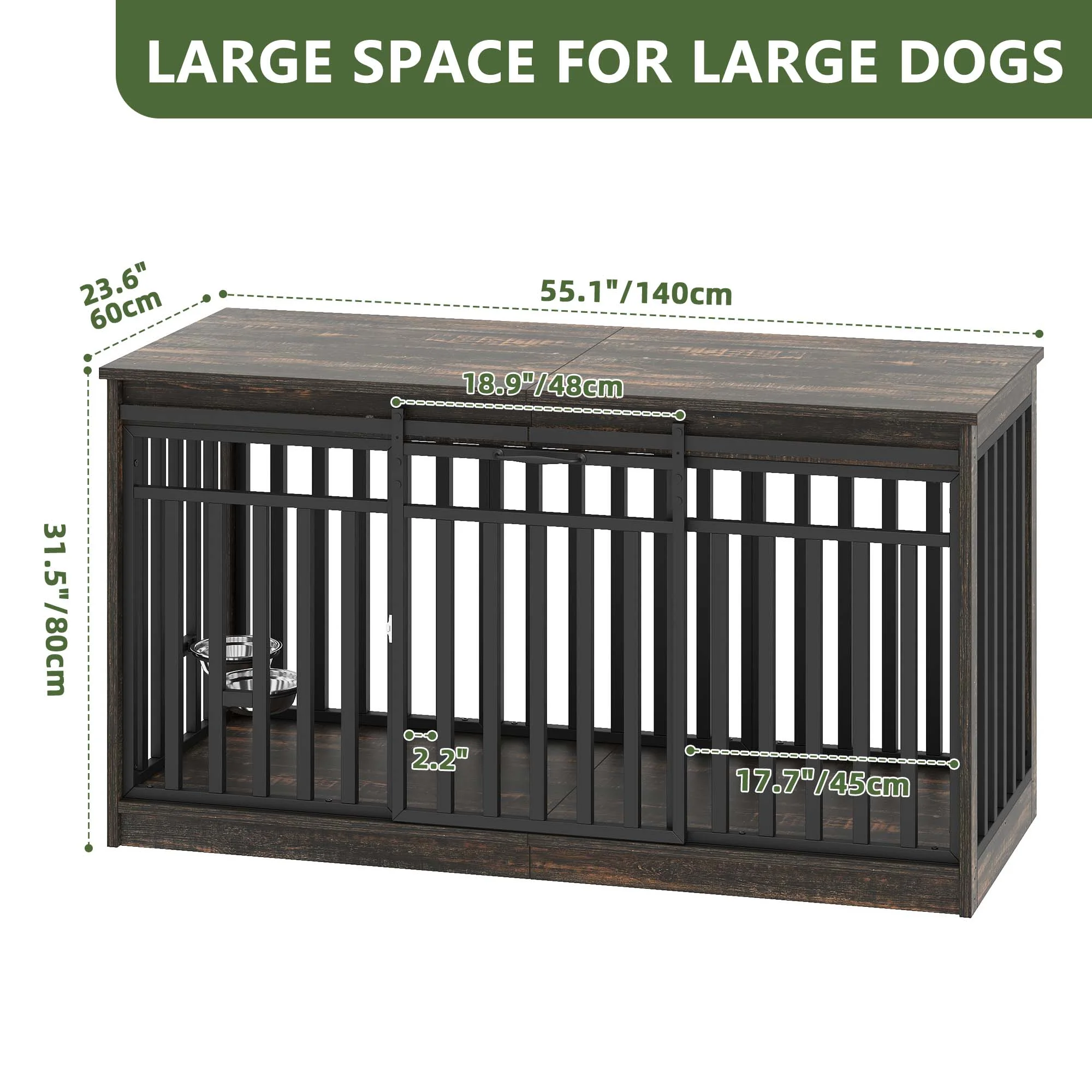 Uforic 55'' W Double Dog Crate Furniture With Sliding Barn Doors & Bowl,Indoor Furniture Style Wooden Large Dog Kennel - Image 2