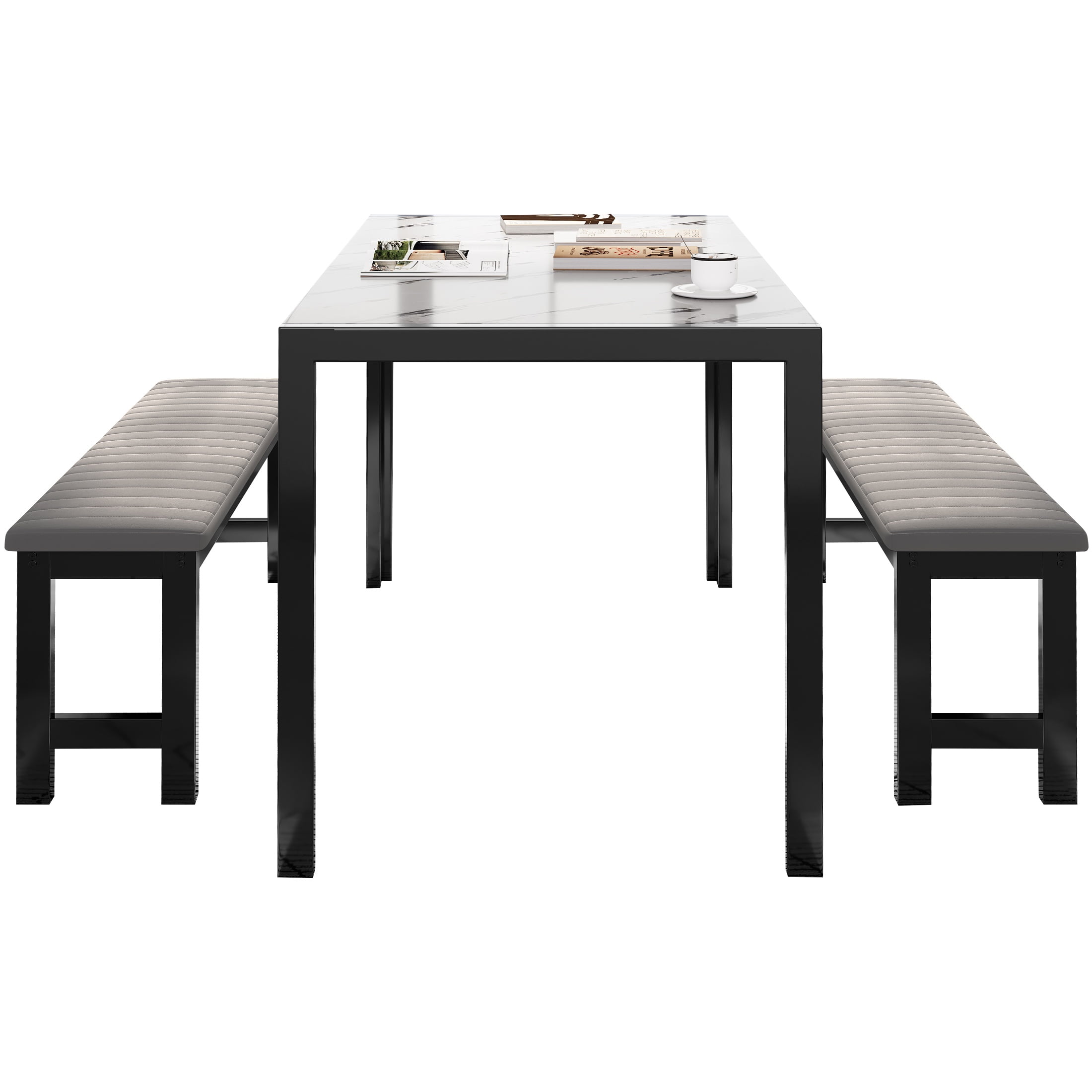 PORKISS Dining Table Set for 4, Faux Marble Kitchen Table Set with 2 Velvet Benches, Breakfast Nook Set for Small Spaces, 3 Piece Dining Room Table Set, White+Gray+Black #1 - Image 7