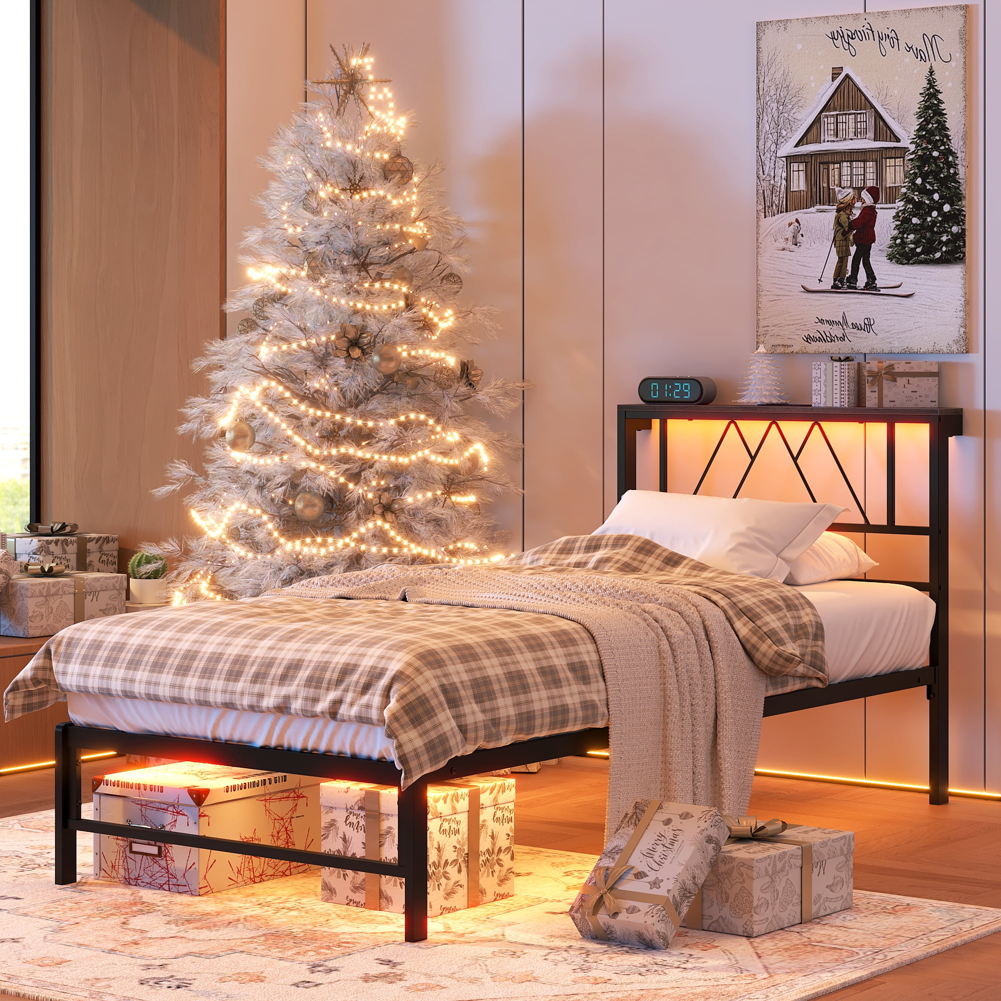 Yoneston Kids Twin Bed Fame with Charging Station LED Storage Headboard, Sturdy Metal Platform Bed Frame with Under-Bed Light for Boys Girls, Black - Image 3