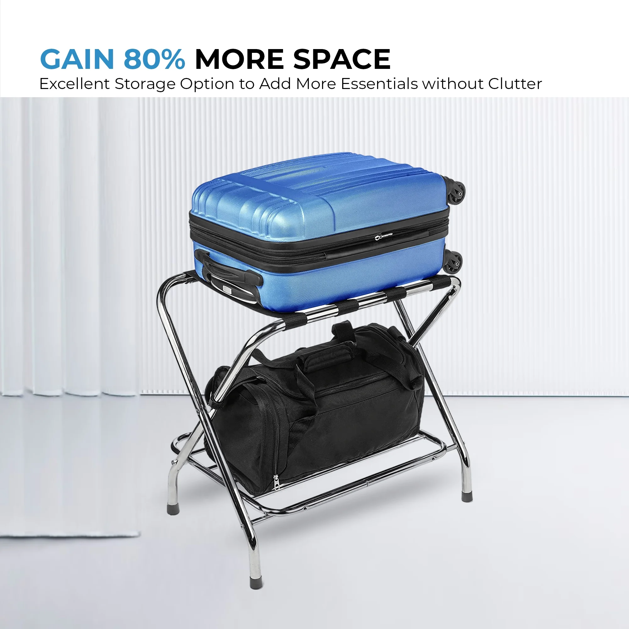 USTECH - Foldable Metal Luggage Rack with Extra Shelf, Heavy Duty Suitcase Stand for Guest Room, Bedroom, Hotel or Travel - Image 2