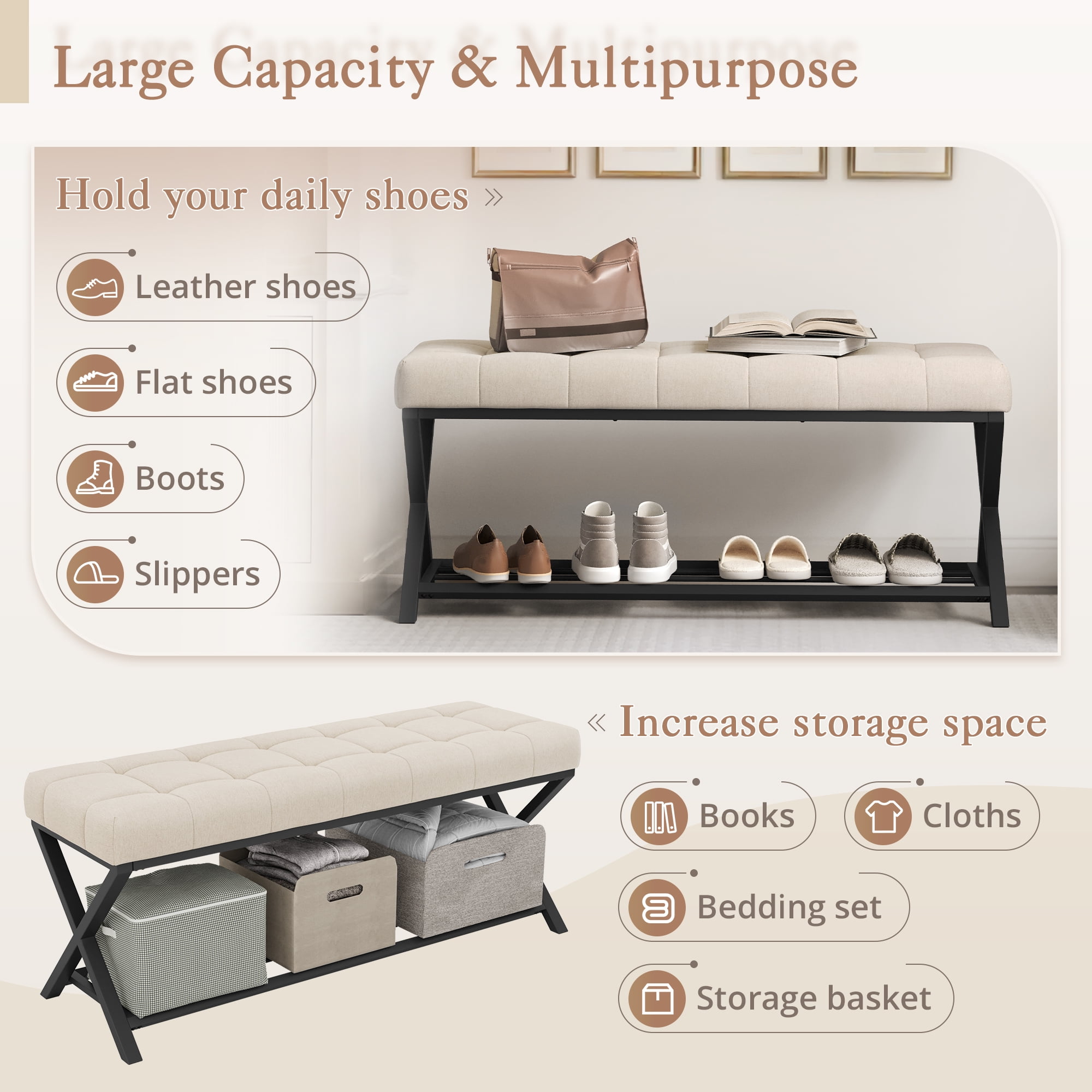 Dycanpo 44.5" End of Bed Bench,Tufted Upholstered Bench with Shoe Shelf, Linen Color - Image 7
