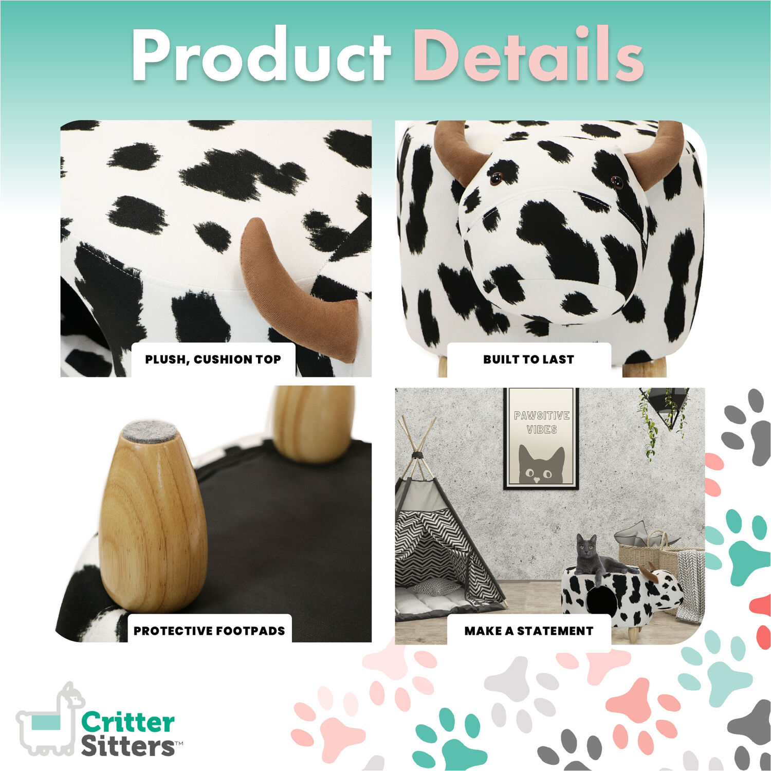 Critter Sitters 16-In. Seat Height Black-White Cow Animal Shape Pet House Ottoman - Furniture for Nursery, Bedroom, Playroom, and Living Room Decor - Image 6