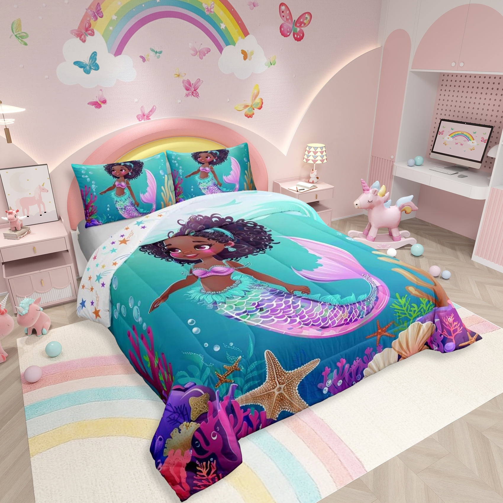 Erosebridal Black Mermaid Comforter Set Queen Black Princess Bedding Sets Cute Ocean Mermaid Bed Comforter Sets American African Quilt Set Marine Life Room Decor 2 Pillow Cases - Image 2