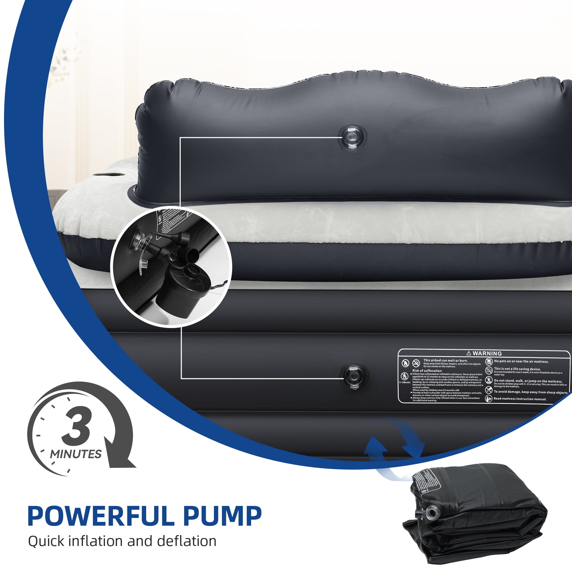 Uforic FullXL Air Bed featuring Headboard, 18in Inflatable Mattress with Pillow, Portable Electric Pump, Black - Ideal Queen Air Mattress for Camping & Home Use - Image 5