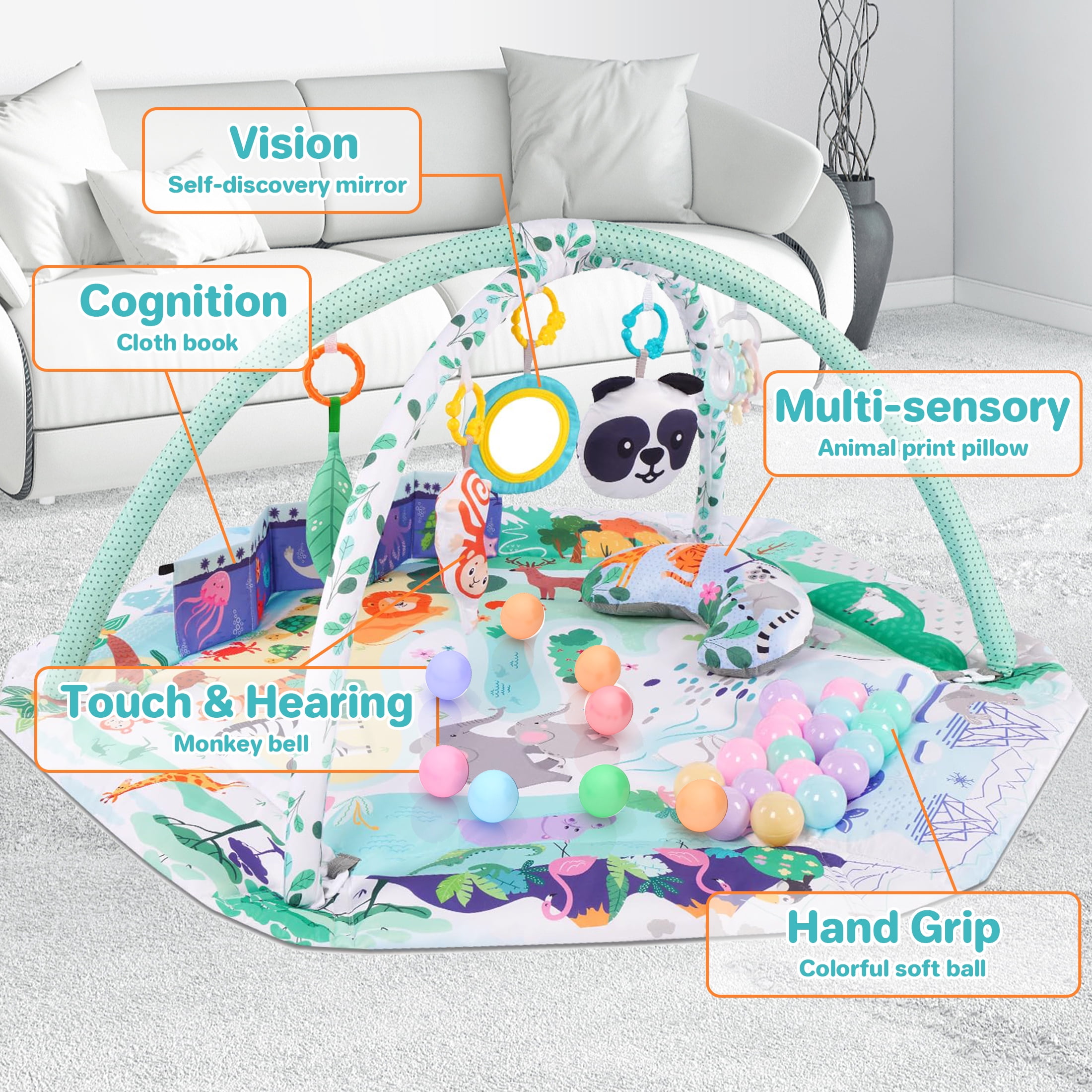 Baby Play Gym and Activity Mat - 4-in-1 Tummy Time Gym with Sensory Toys for Infants & Toddlers, Green - Image 4